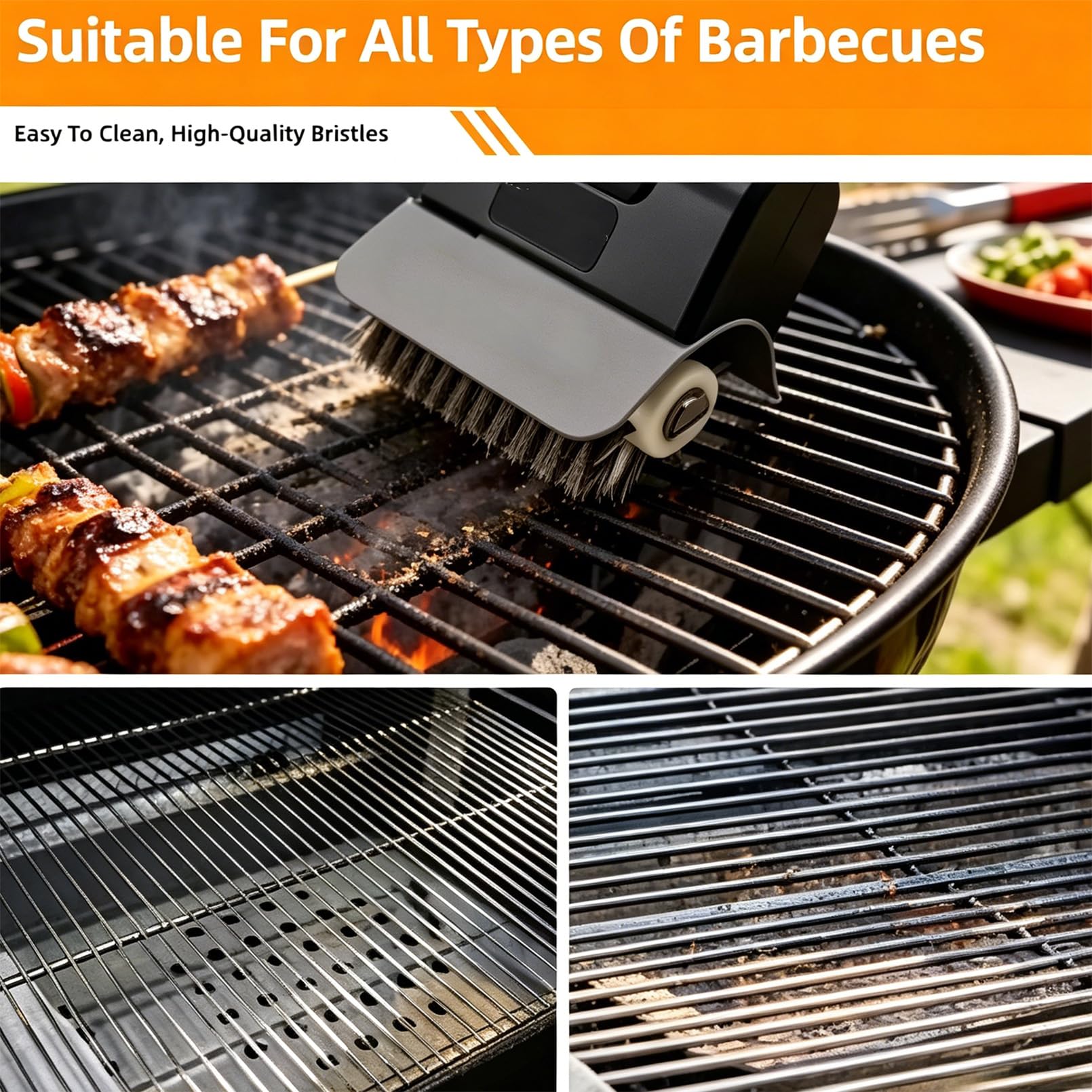 Cepillo de limpieza inalámbrico para parrilla, motor de 1100 rpm, cerdas de acero inoxidable, tiempo de funcionamiento de 90 minutos, mango ergonómico para rejillas, planchas, ahumadores