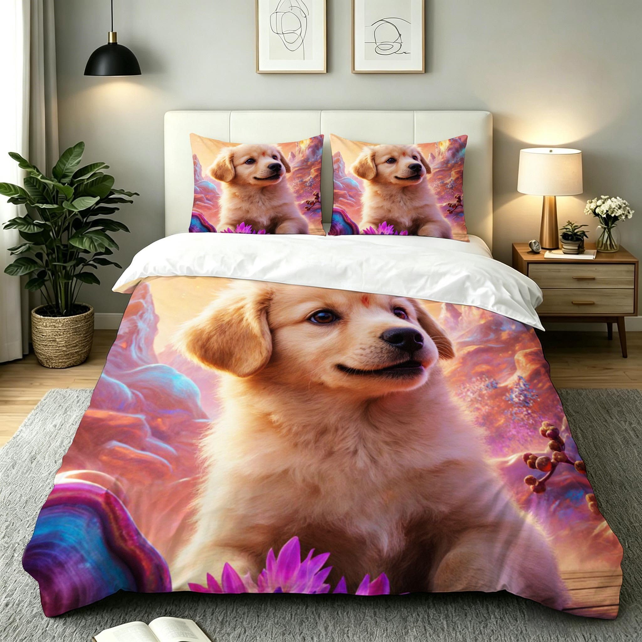 Parure de lit 2 personnes housse de couette 220x240 chien 3D et taies d'oreiller 65x65 cm