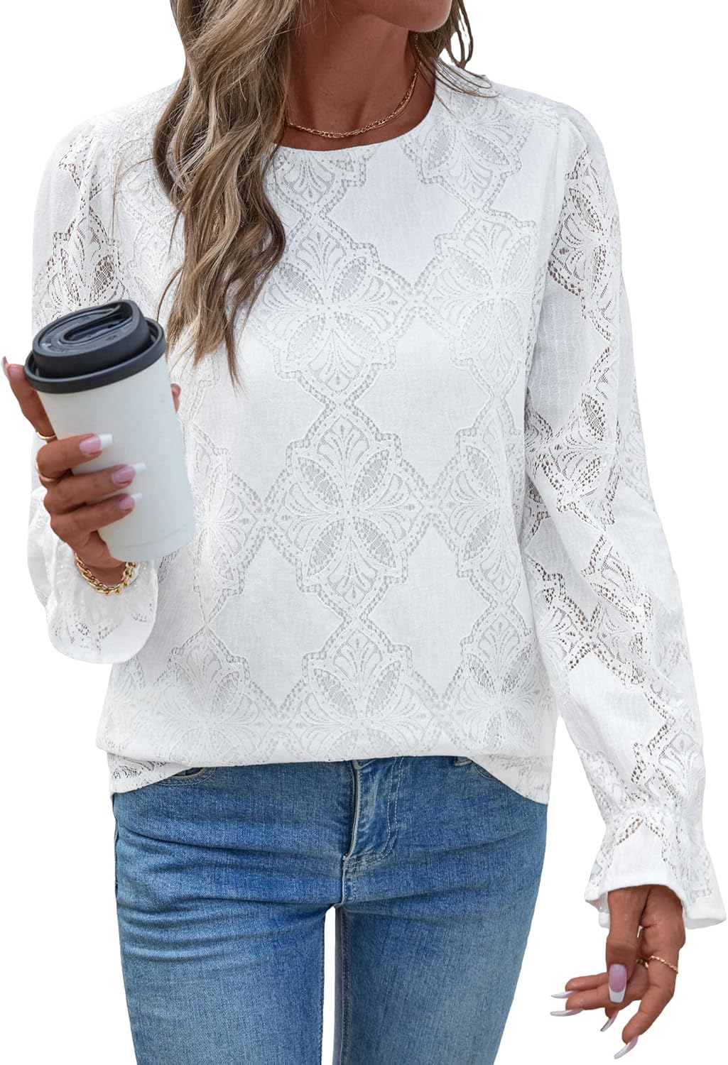 LOMON Lace Long Sleeve Tops for Women Fashion 2025 Eyelet Blouses Dressy Casual Crewneck Embroidered Shirts with Lining - Image 2