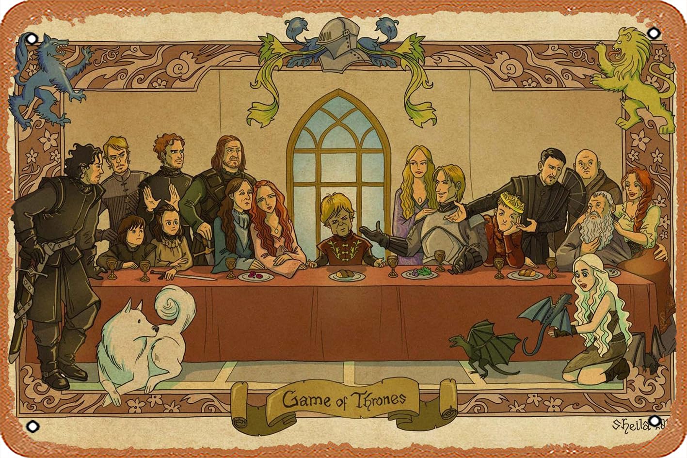 Metal tin poster last Supper The Last Supper Of Thrones A Song Of Ice And Fire Tyrion Lannister Eddard And039nedand039 Stark Jon Snow Sansa Stark Arya Stark Daenerys Targaryen Ghost House Lannis Game