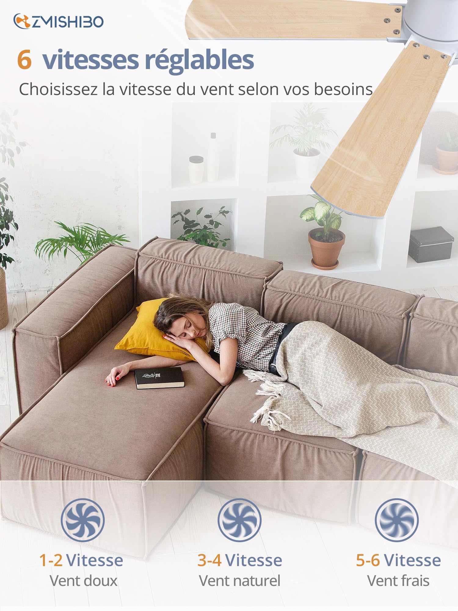 ZMISHIBO Ventilateur de Plafond avec Lumière LED Ø 107 cm, Moteur DC Silencieux, Contrôle par APP et Télécommande, 6 Vitesses, Dimmable