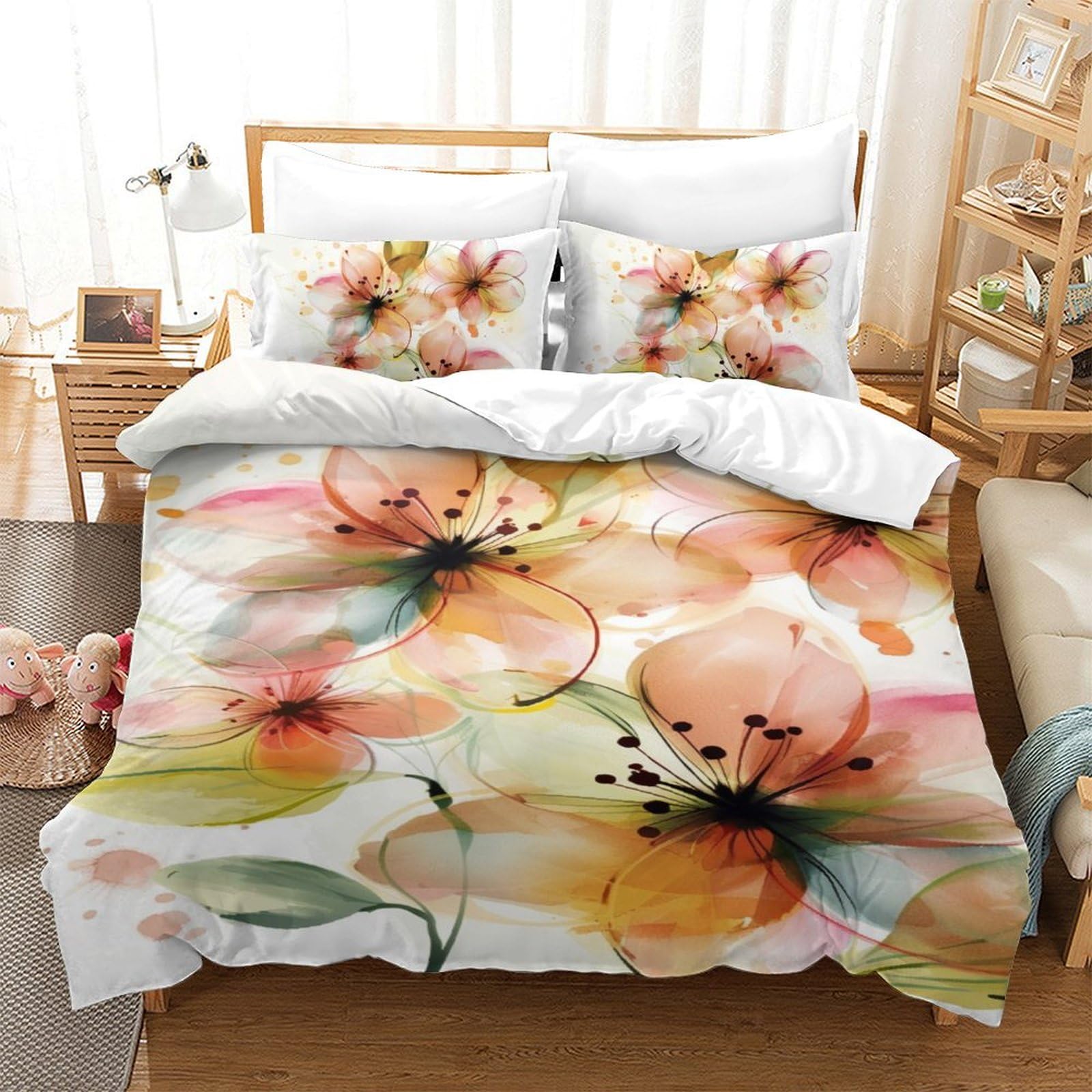Housse de couette anti-pli 140x200 fleurs 3D sans repassage