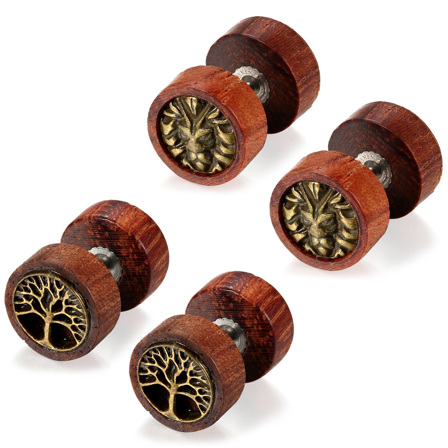 Flongo - Pendientes de acero inoxidable, madera, retro, árbol de la vida, león, cabeza de fantasía, pendientes de color marrón para hombre y mujer