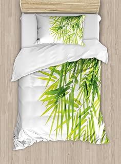 Ambesonne Bamboo Print Duvet Cover Set, Leaves and Branches Simple Tranquil Image of Asian Jungles on Plain Back, Decorative 3 Piece Bedding Set with 2 Pillow Shams, Twin Size, White and Green