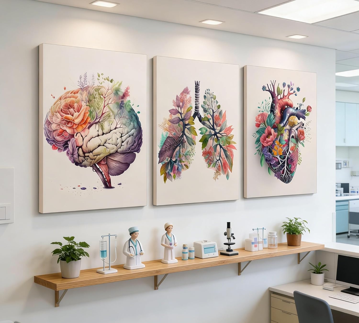 3 Pcs Floral Anatomy Canvas Wall Art - Watercolor Brain Lungs Heart with Flowers Prints, Abstract Medical Botanical Wall Decor for Doctor Office Hospital, Modern Framed Artwork Set Ready to Hang