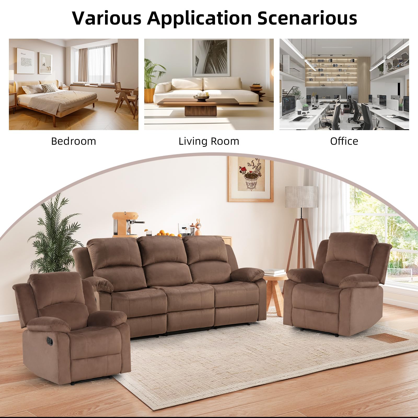 EBELLO Manual Recliner Sofa Set, Modern Microfiber Reclining Couch Furniture Set for Living Room, Includes 2 Recliner Chair and 1 3-Seater Reclining Couch for Home Theater and Office, Brown view 7