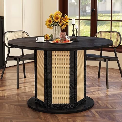 DWVO Mesa de comedor redonda para 4-6 personas, mesa de cocina de granja de 47 pulgadas con base circular de ratán, mesa de comedor de madera para