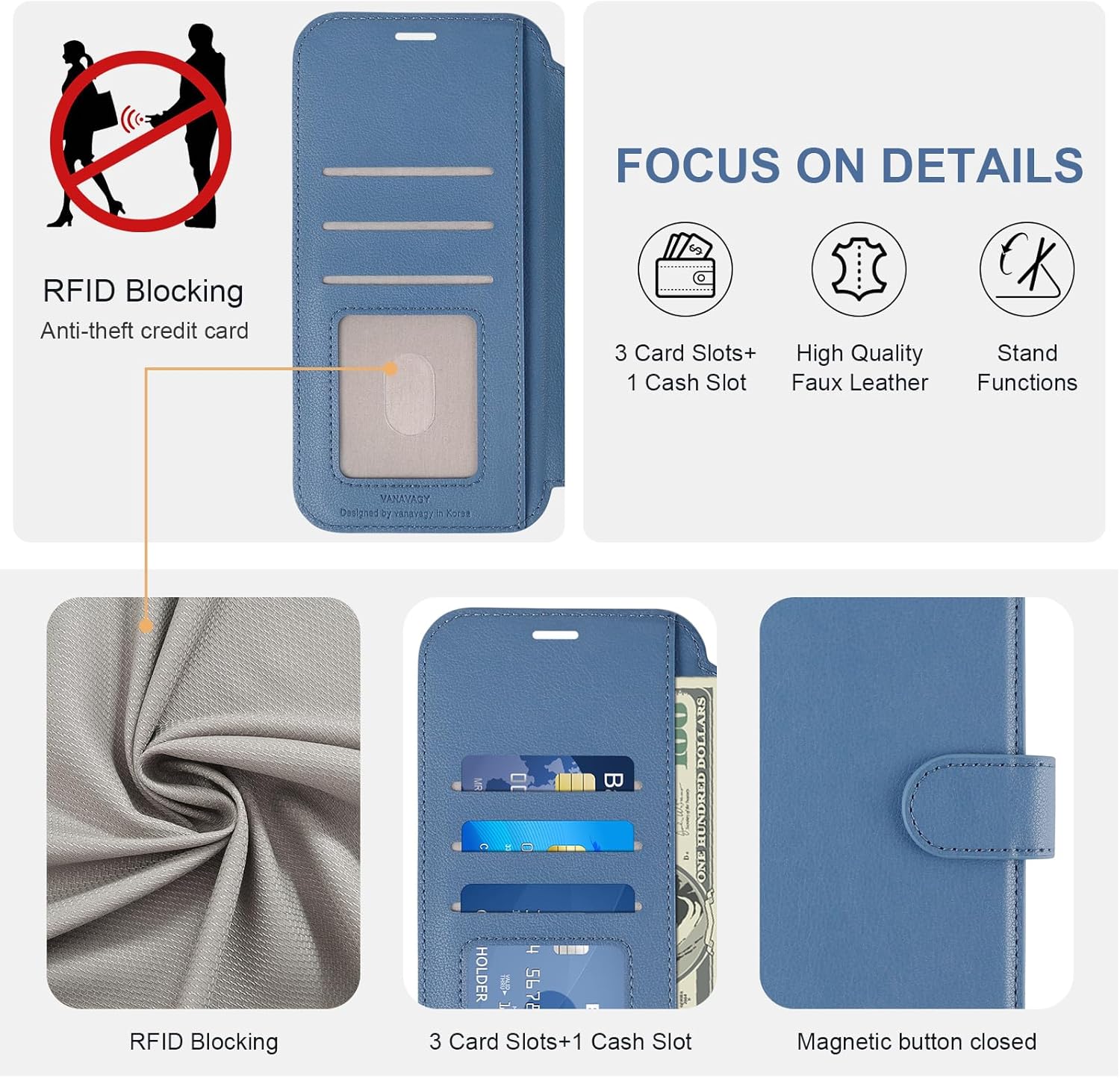 VANAVAGY Compatible for iPhone 16 Wallet Case, PU Leather Flip Phone Cover with RFID Blocking Card Holder Wrist Strap Kickstand for Wireless Charging, [Screen Protector & Camera Cover], Blue