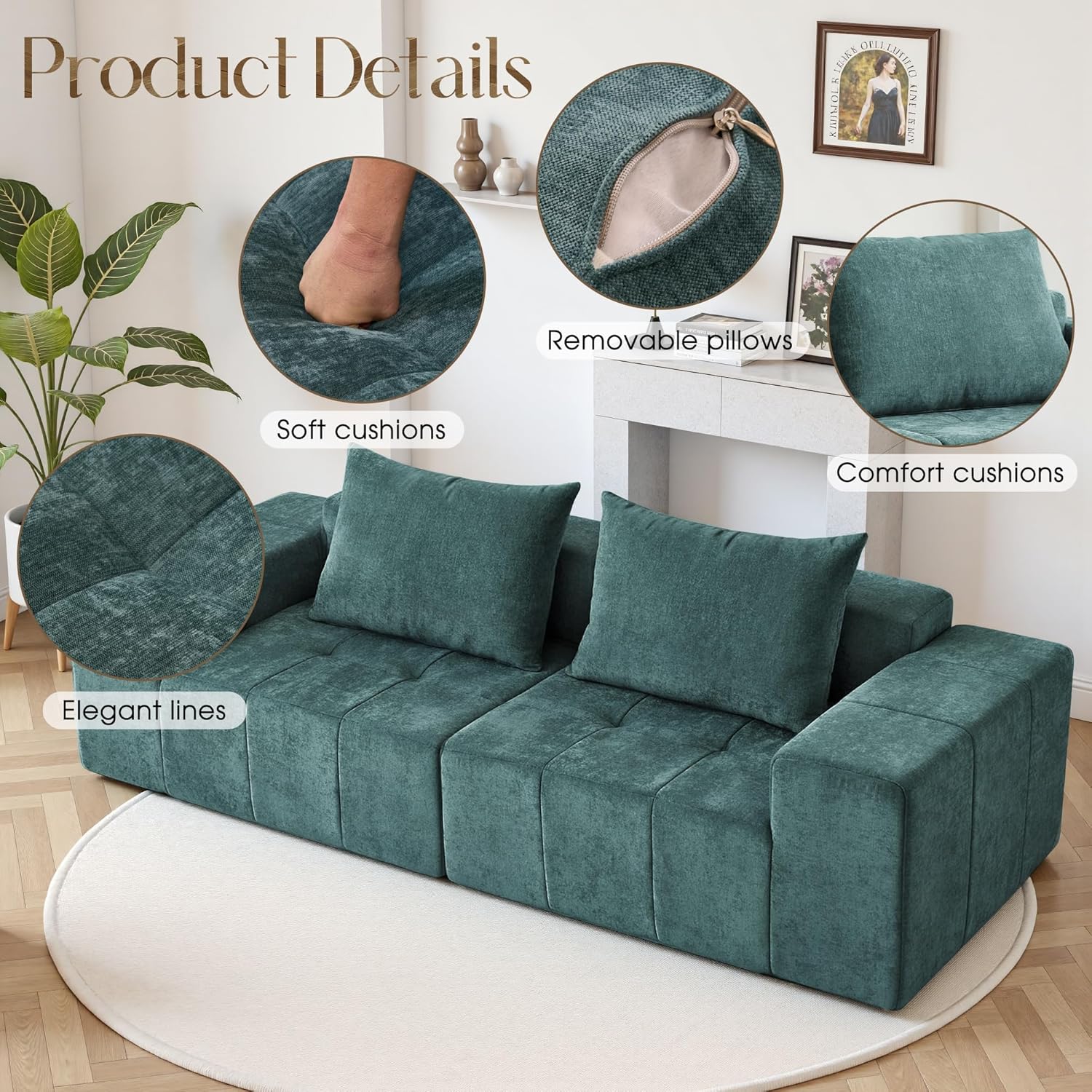 YINIX 107'' Loveseat Couch for Living Room - No Assembly Required Sectional Couch - Oversized 2-Seater Foam Sofa for Small Spaces - Comfy Sofas with Pillows for Bedroom, Apartment, Office - Green