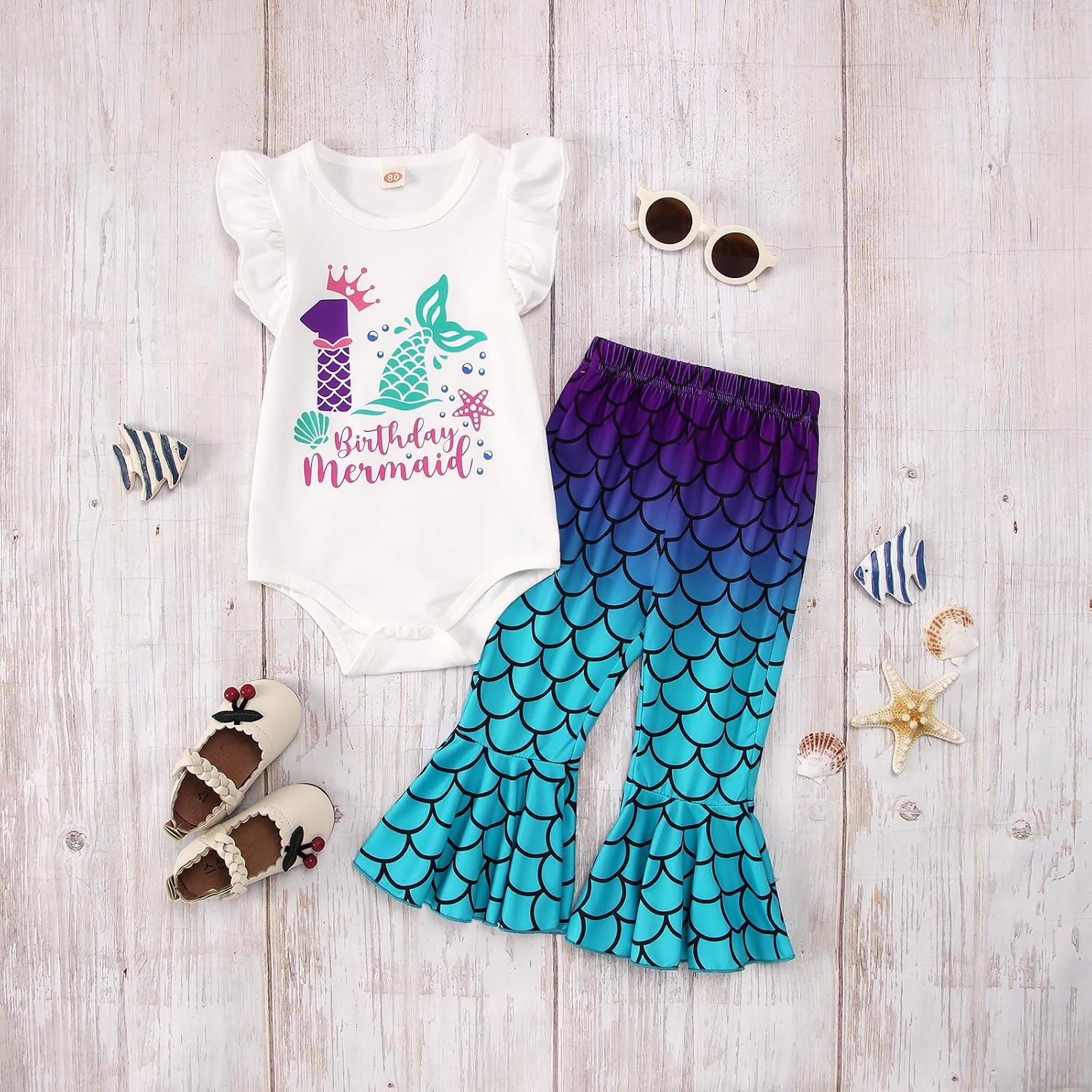 IZYJOY Birthday Mermaid Outfit Toddler Baby Girl 1st 2nd 3rd 4th 5th Ruffle Sleeve Romper Top Flared Pant Set Summer Clothes
