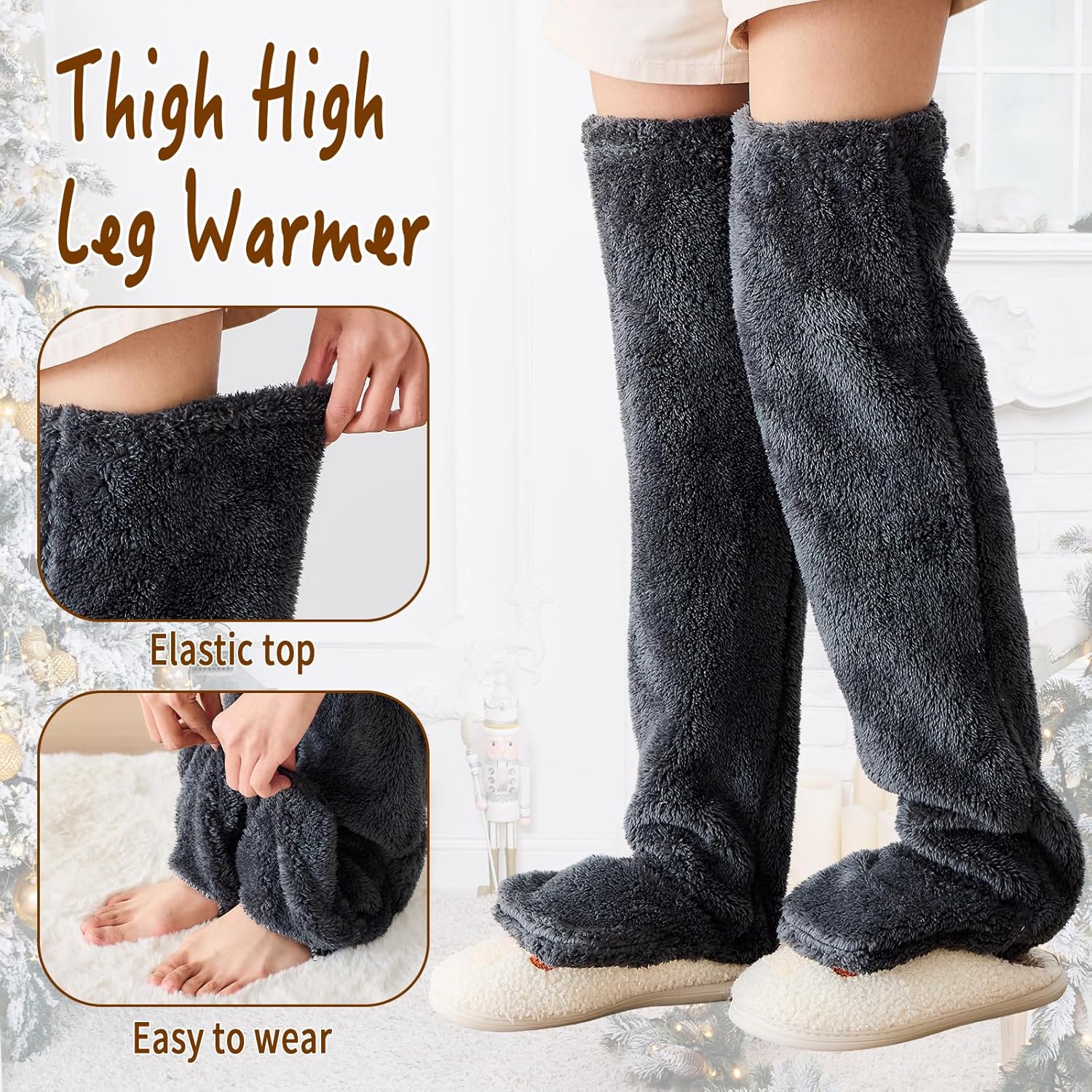 Womens Over Knee Fuzzy Socks Thigh High Fluffy Leg Warmers Plush Winter Sleeping Stockings Christmas - Image 6