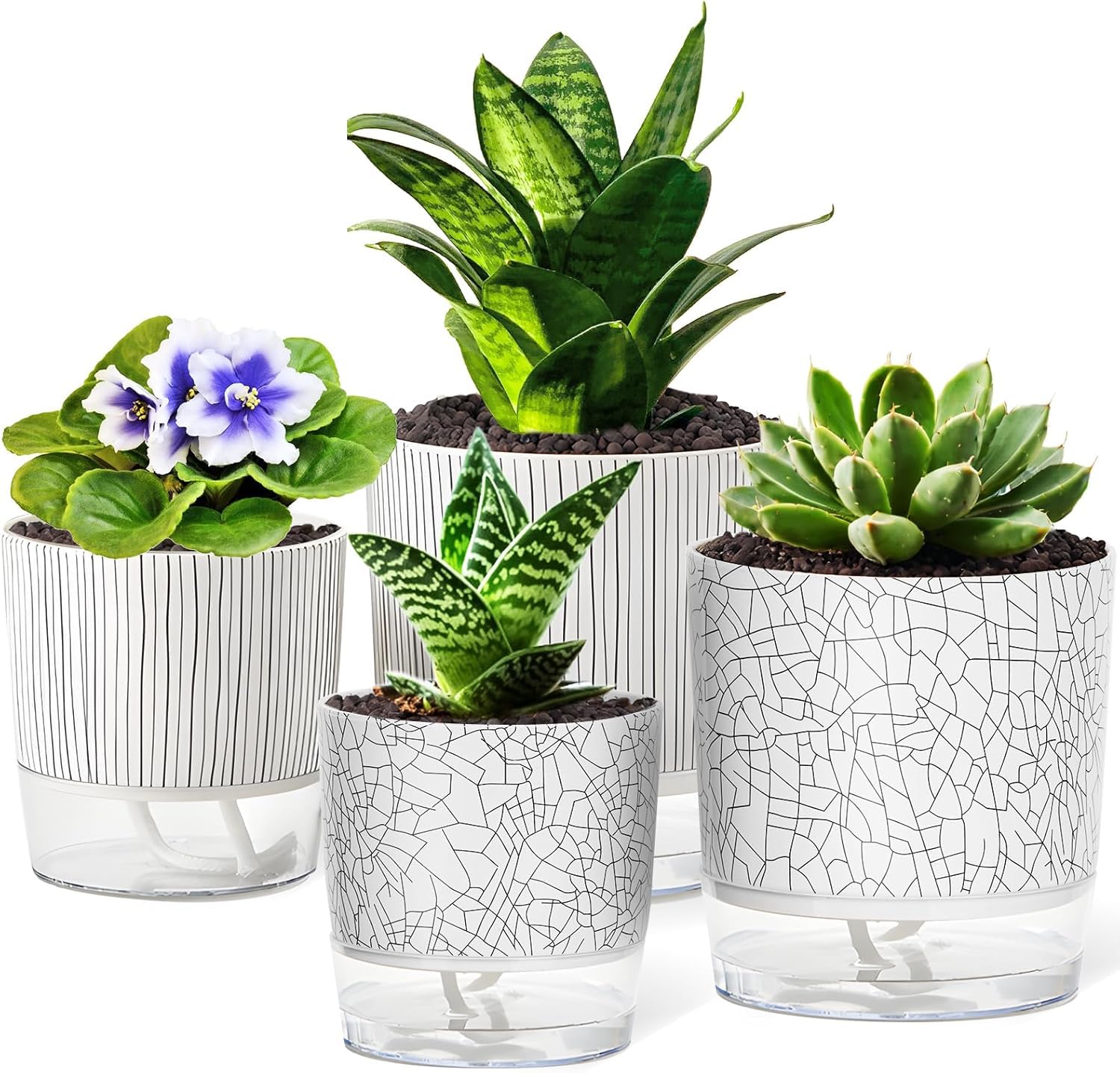 KAHEIGN 4Pcs Self Watering Plant Pots, 11CM + 14CM Marble Plastic Flower Pot Garden Bonsai Pot with Drainage Hole and Large Capacity Reservoir - Pots for Aloe Herb Orchid Succulent Plants