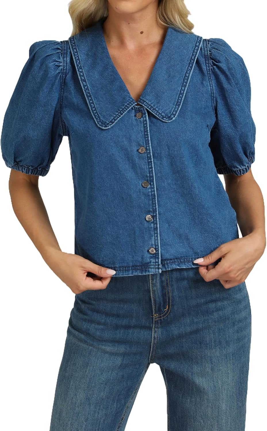 Womens Denim Shirts Button Down Collar Puff Short Sleeve Casual Lightweight Summer Jean Shirt Tops