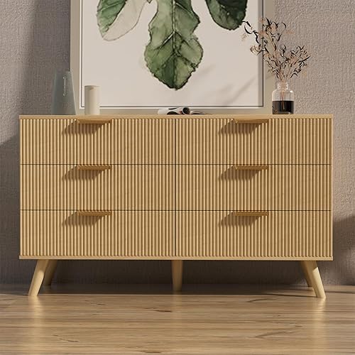 Buenhomino Cómoda de 6 cajones para dormitorio, cómoda moderna de 47 pulgadas de ancho con diseño estriado, soporte de TV de tocador, organizador de