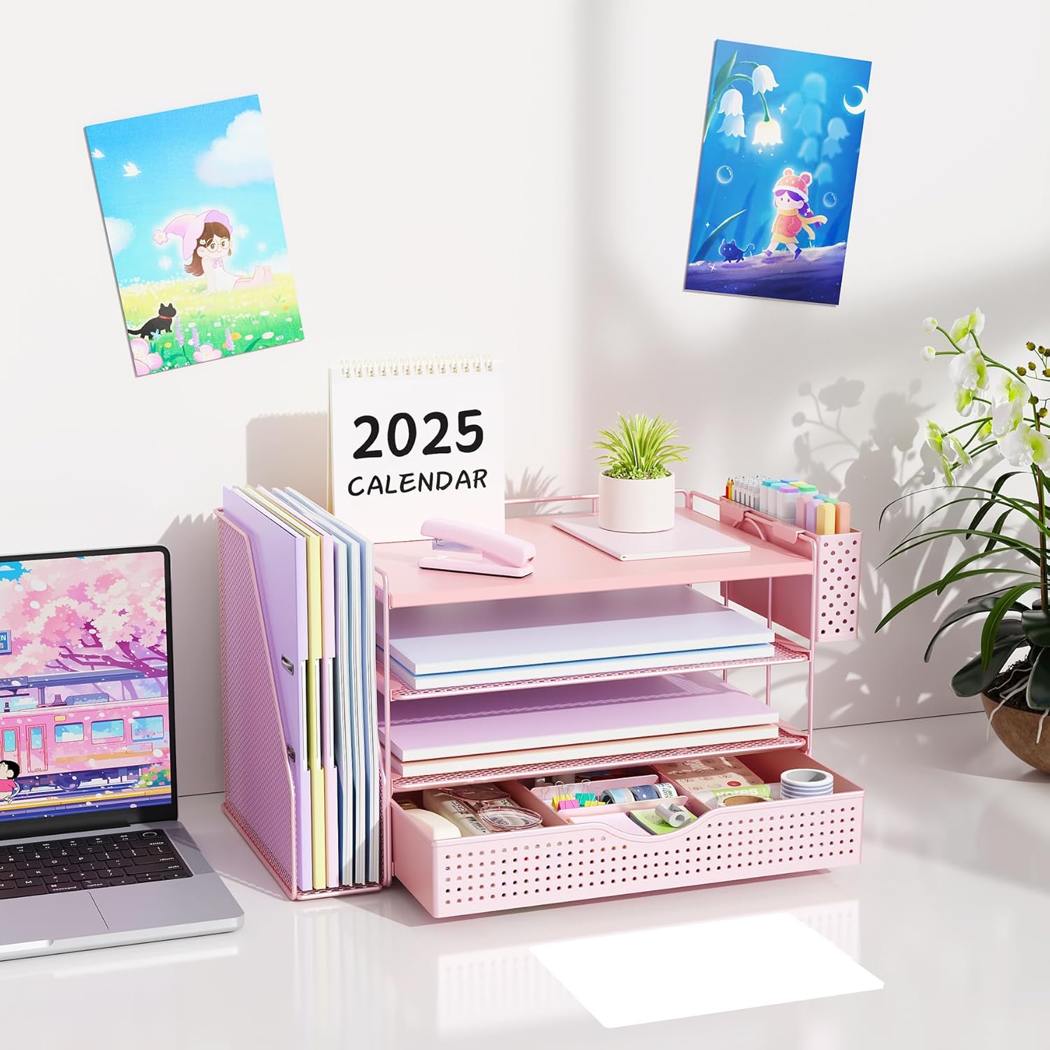 gianotter Wood Desk Organizers and Accessories with File Holder, 4-Tier Desk Accessories & Workspace Organizers with Drawer and Pen Holder, Paper Organizer for Office Supplies (Pink)
