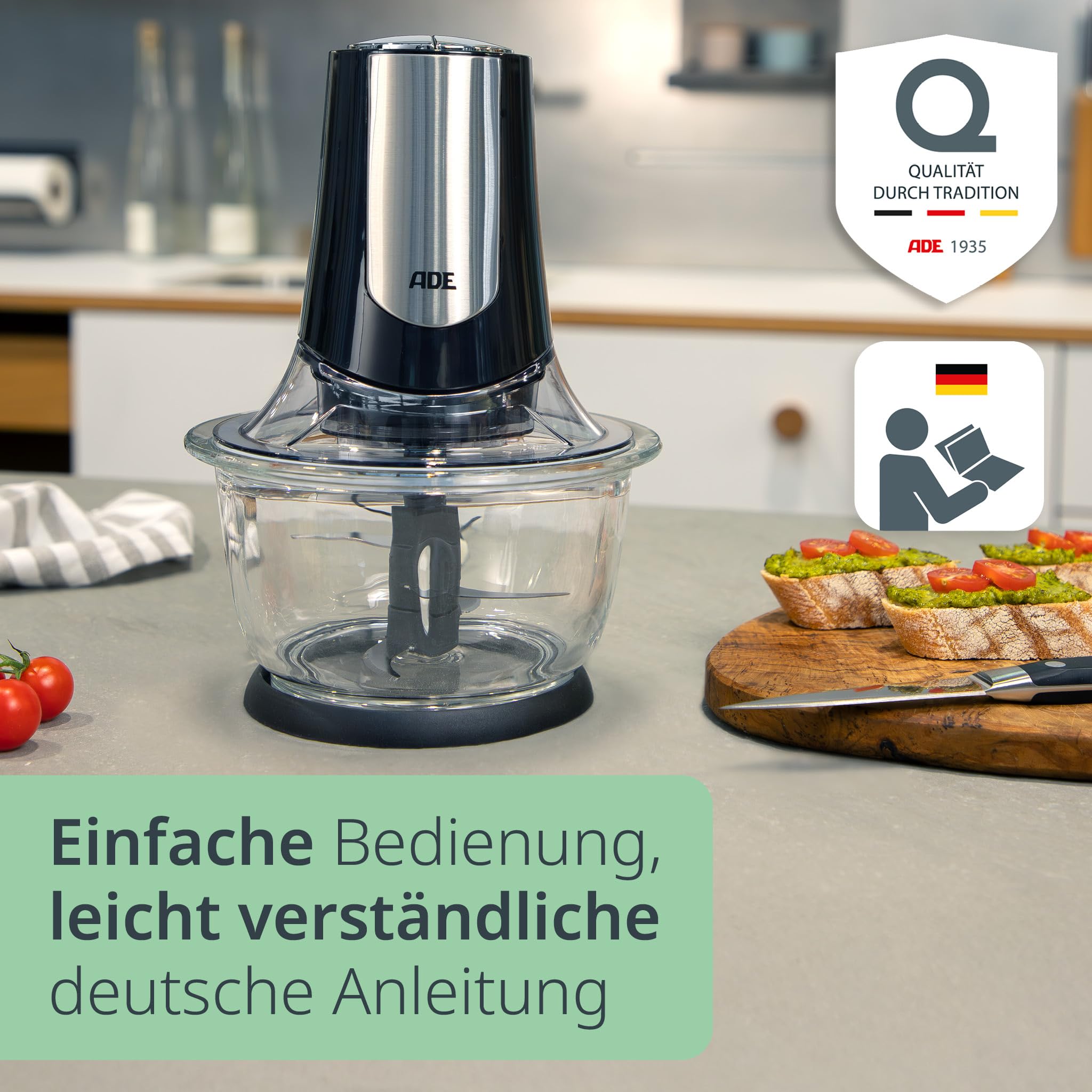 ADE Kraftvoller elektrischer Zerkleinerer | starker 500 W Motor | große 1,2 l Glasschüssel | 4 Edelstahlklingen | 2 Geschwindigkeiten | Zwiebeln, Gemüse, Fleisch | Zwiebelschneider