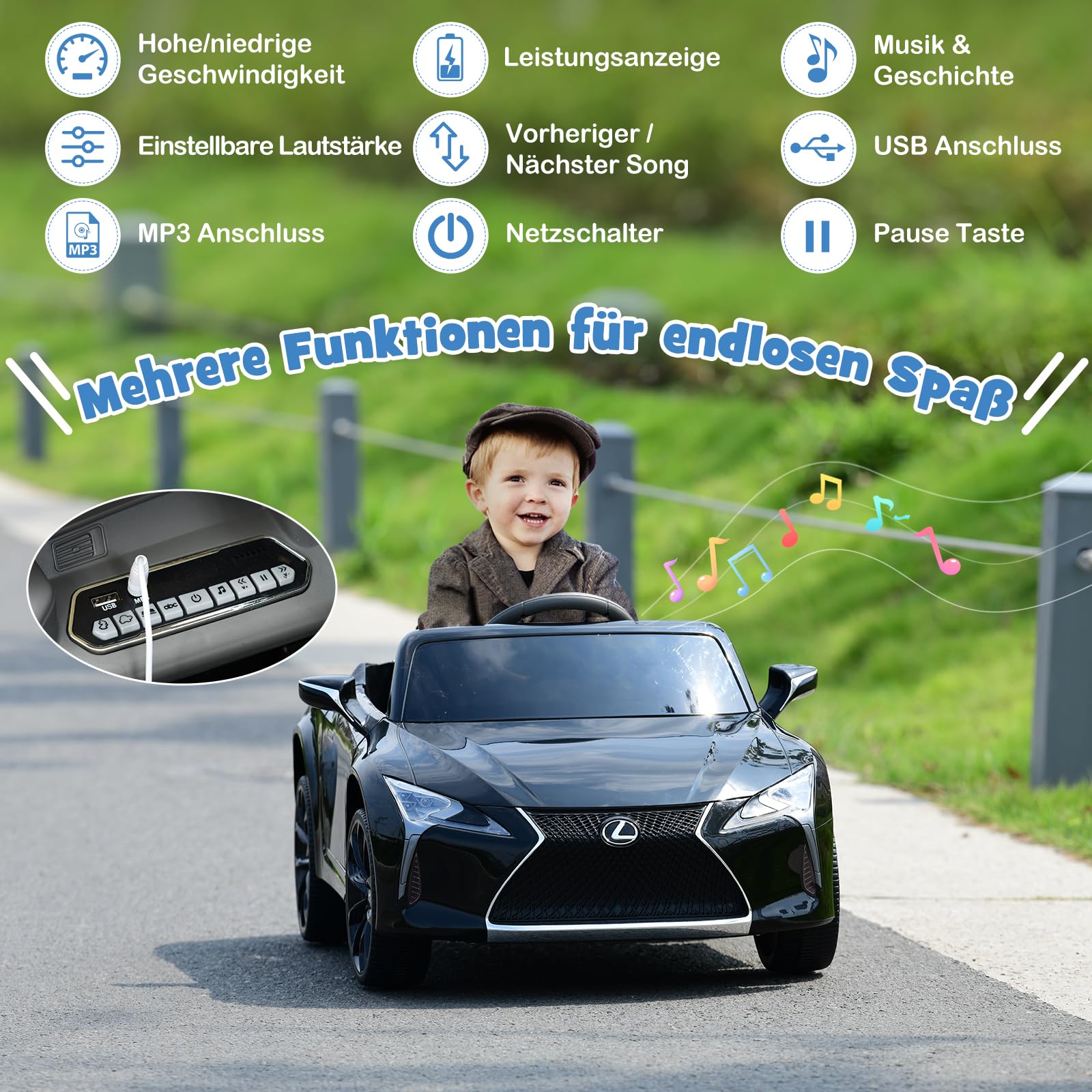 GOPLUS Samochód elektryczny dla dzieci 12 V Lexus LC500, pojazdy elektryczne z pilotem zdalnego sterowania 2,4 G, elektryczny samochód dziecięcy z 2 drzwiami i 2 prędkościami, USB, klakson i muzyka,