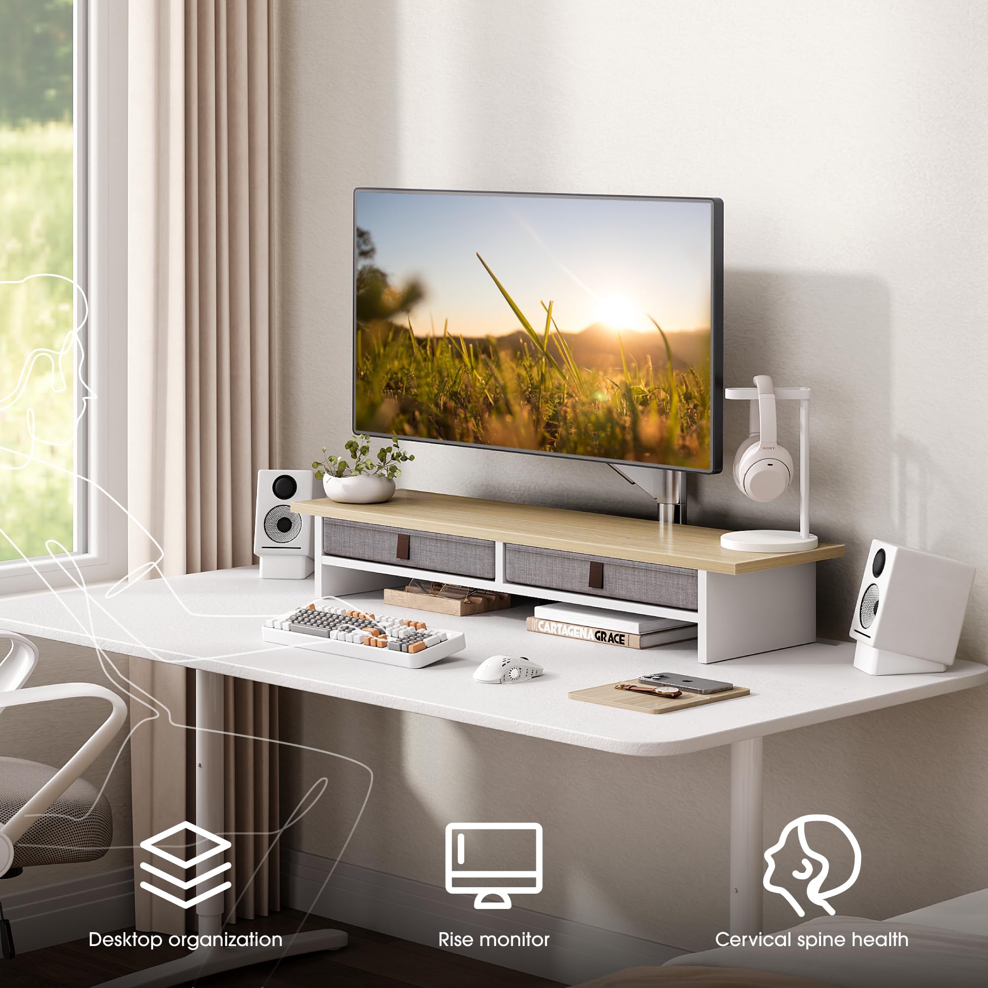 Fenge Dubbele Monitorstandaard met Lade Computer Monitorstandaard Riser - 2 Planken met Verstelbare Lengte en Hoek, Houten Monitorstandaards voor 2 Monitoren, Printer, Desktop Organisator, Wit Fenge Dubbele Monitorstandaard met Lade Computer Monitorstandaard Riser - 2 Planken met Verstelbare Lengte en Hoek, Houten Monitorstandaards voor 2 Monitoren, Printer, Desktop Organisator, Wit