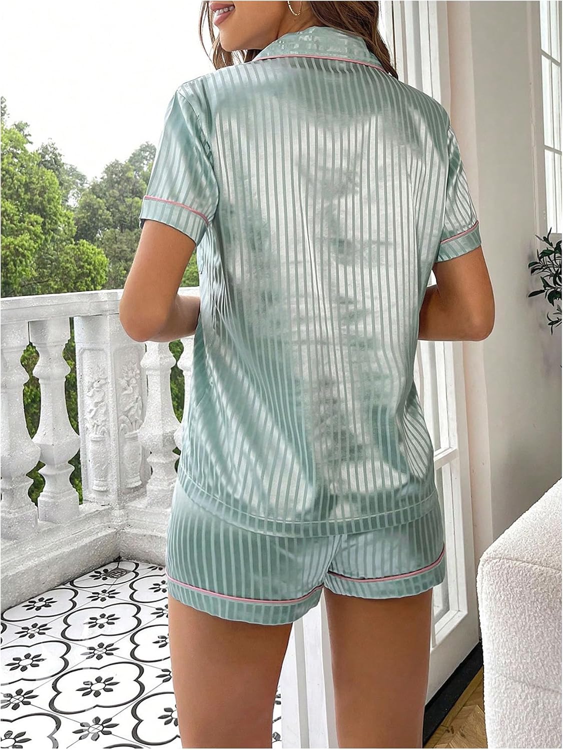 WDIRARA Women's Satin Pajama Set Striped Short Sleeve Button Down Shorts Pjs 2 Piece Sleepwear