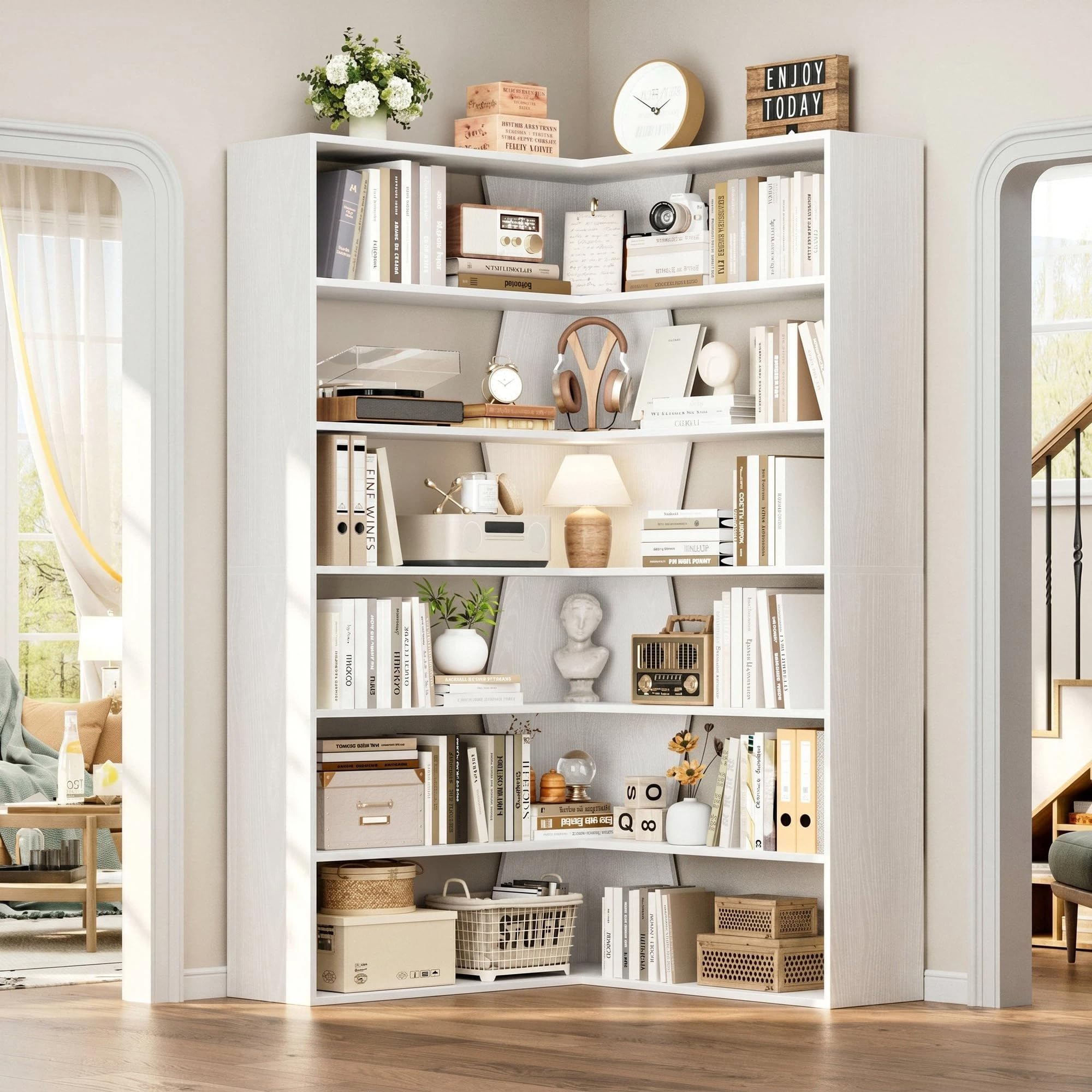 FirFurd Bibliothèque 190cm Bibliotheque d'angle avec 6 Étagères de Rangement Bibliotheque Meuble de Rangement pour Salon Bureau Chambre 90x90x190.5cm Blanc