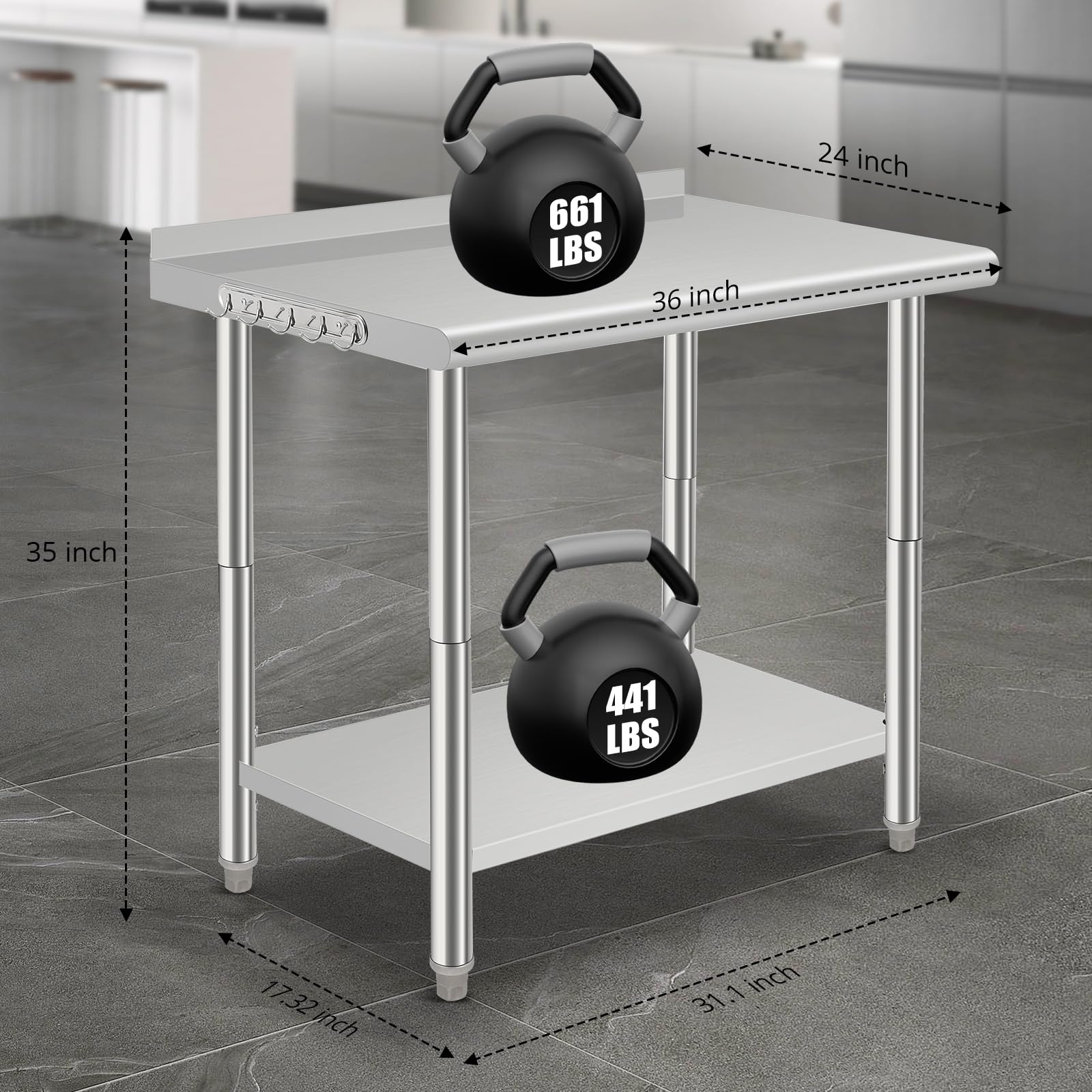 Garvee Mesa De Trabajo Comercial De Acero Inoxidable Certificada NSF – Ideal para Cocina Profesional, Restaurante, Panadería y Lavandería – Estante Ajustable, Respaldo y Ganchos Incluidos