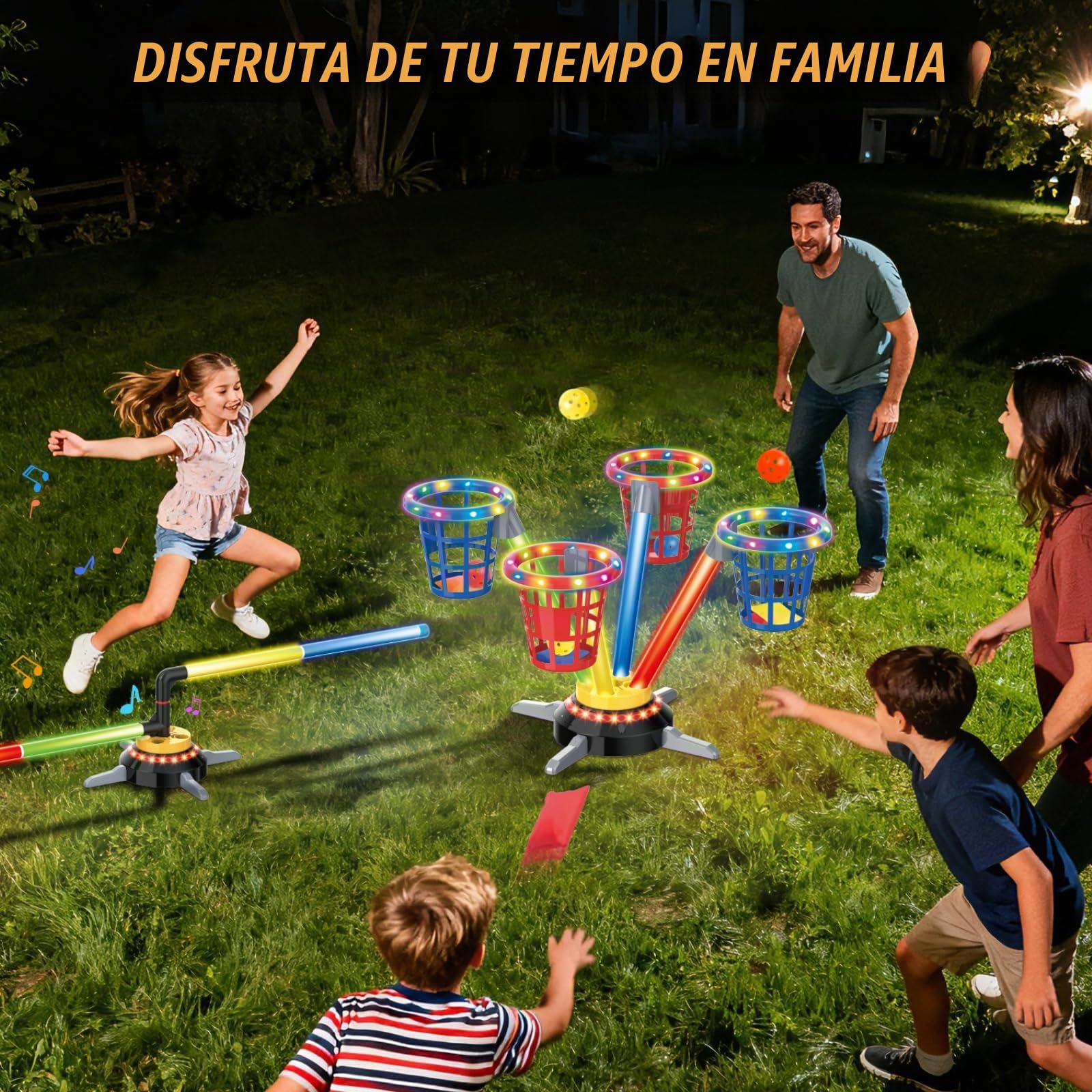 VATOS Juego de Lanzamiento 3 en 1 (Saco de Bolas y Aros), Salto Musical para Niños, Base Giratoria Eléctrica con Mando a Distancia, Luces, Juguete para Interior/Exterior y Jardín para Niño Niña 3+