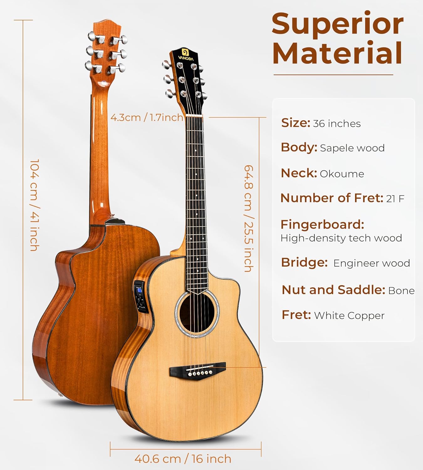 Electric Acoustic Guitar 3/4 Size - 36 Inch Acoustic Electric Guitar Cutaway Acustica Guitarra Bundle for Beginners and Students, Spruce Top, Guitarra Electro Acustica by Vangoa