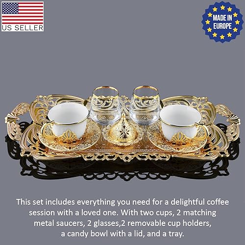 Miniatura 10 de Juego de 2 tazas de café turco hechas a mano con vasos, platillos, portavasos, cuenco para dulces y bandeja, tazas de café expreso para una