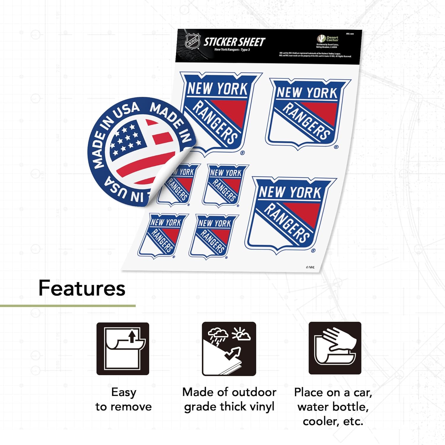 Desert Cactus New York Rangers Sticker NHL Team National Hockey League Vinyl Decal Laptop Water Bottle Car Scrapbook Sheet (Type 3 - Main Logo) - Image 3