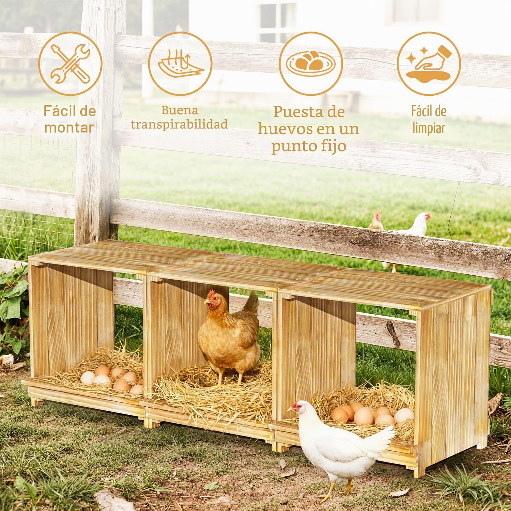 BingoPaw Ponederos para Gallinas de Pino 105x30x36cm, Gallinero para Exterior 3 Gallinas hasta 3.5 Kilos, Gallinero Madera Impermeable Resistente a la Humedad Duradero, Nidal de 3 Huecos