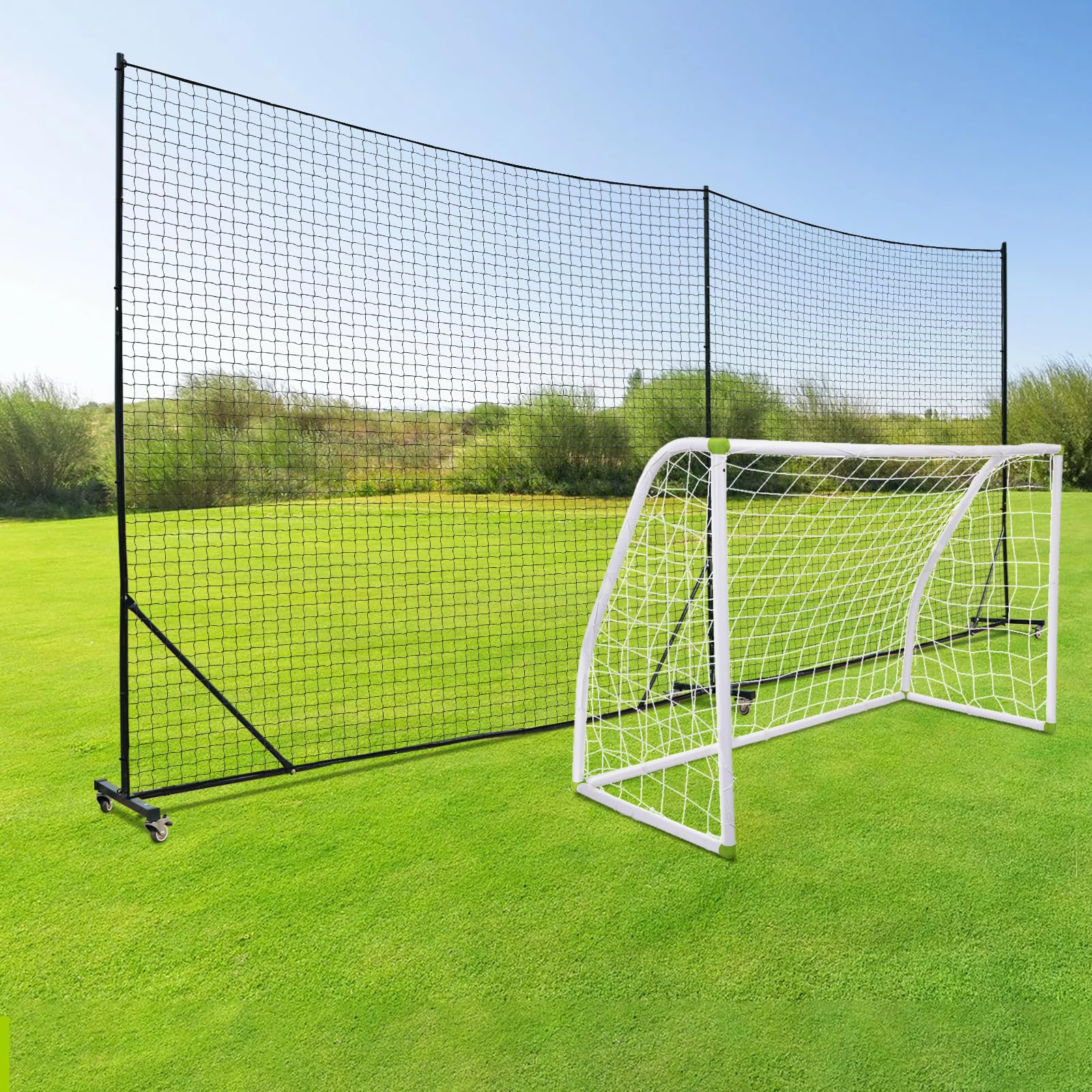 MegaNets Backstop Net System for Backyard – Heavy Duty Sports Barrier Net with Steel Posts, Movable/Socketed Ball Stop Net for Soccer, Baseball,