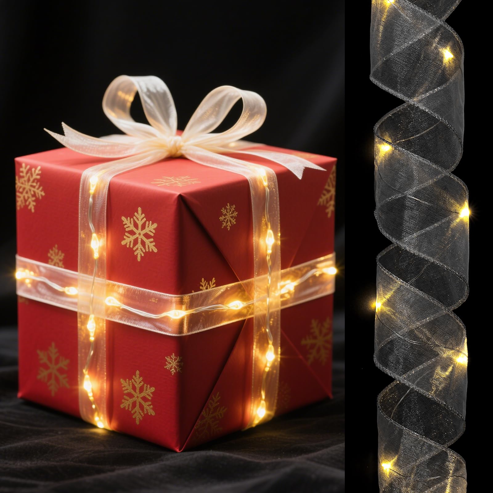 sourcing map LED Lights Copper Wire Ribbon, 3.28Ft Ribbon Bows Light Battery Powered Christmas Tree Decorations String for Party Weddings Christmas Tree (Silver, Warm Light)