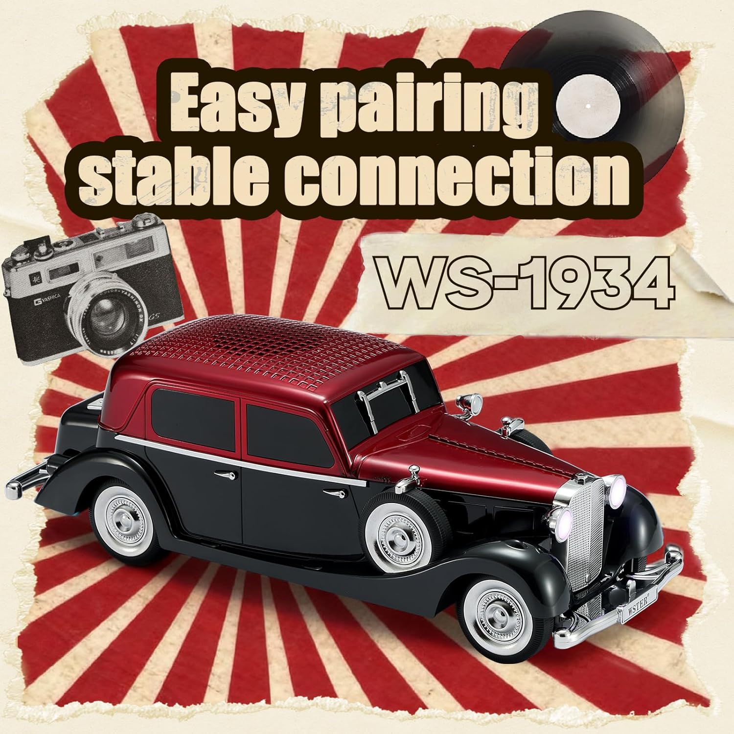 WSTER WS-1934 Retro Classic Car Bluetooth Replica Speaker – Wireless HD Sound with FM Radio,TWS Stereo,LED Party Lights,Built-in Microphone Hands-Free Call, Surprise Portable Gift for Party Use(Red)
