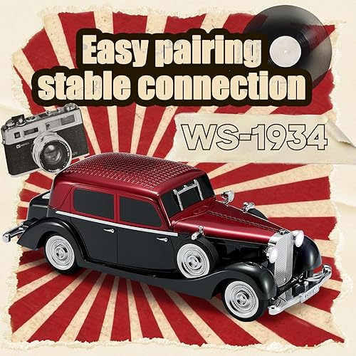 Miniatura 5 de WS-1934 Retro Classic Car Bluetooth Replica Altavoz – Sonido HD inalámbrico con radio FM, TWS estéreo, luces LED de fiesta, micrófono integrado Rojo