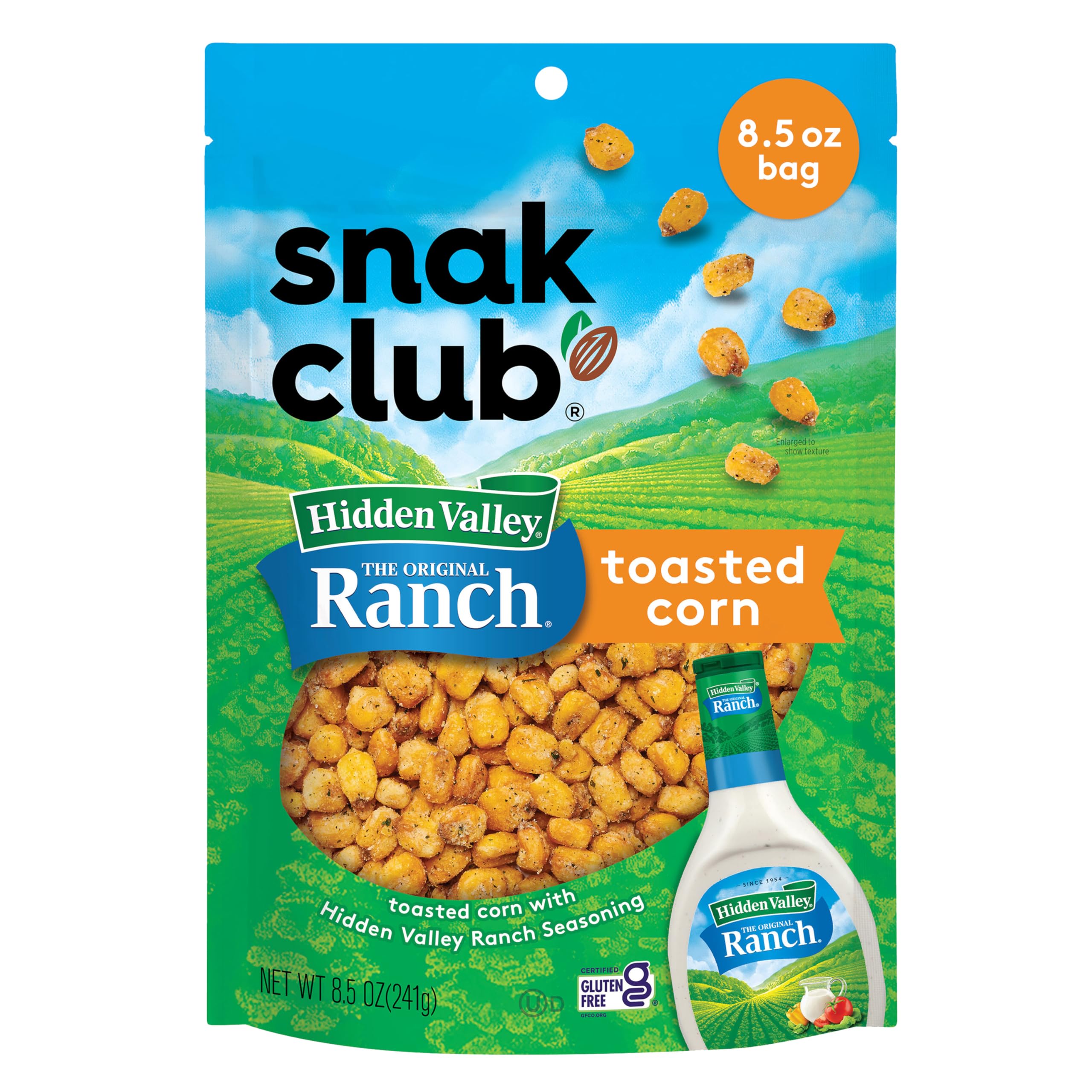 Snak ClubToasted Corn with Hidden Valley Ranch Seasoning, Roasted and Salted Corn Nuggets, Gluten-Free and Kosher Snack, 8.5 oz Resealable Bag