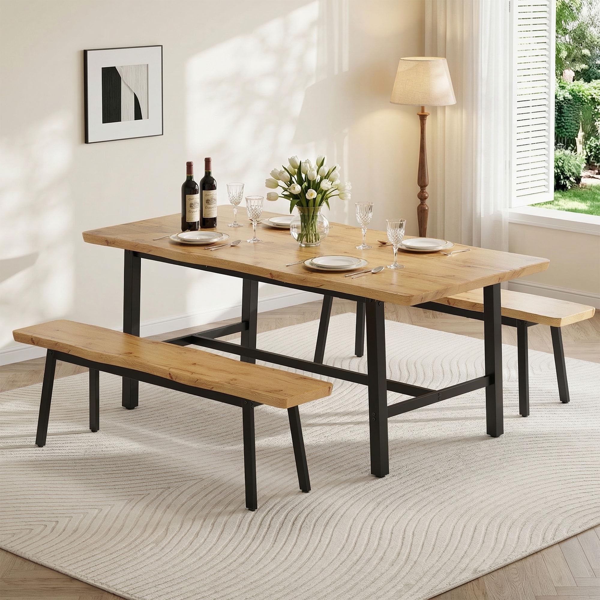 FUQARHY 59” Farmhouse Dining Bench Pair of 2, Long Kitchen Benches | 6-8 Person, Wave Design Kitchen Table Benches, Entryway Bench, Indoor Bench