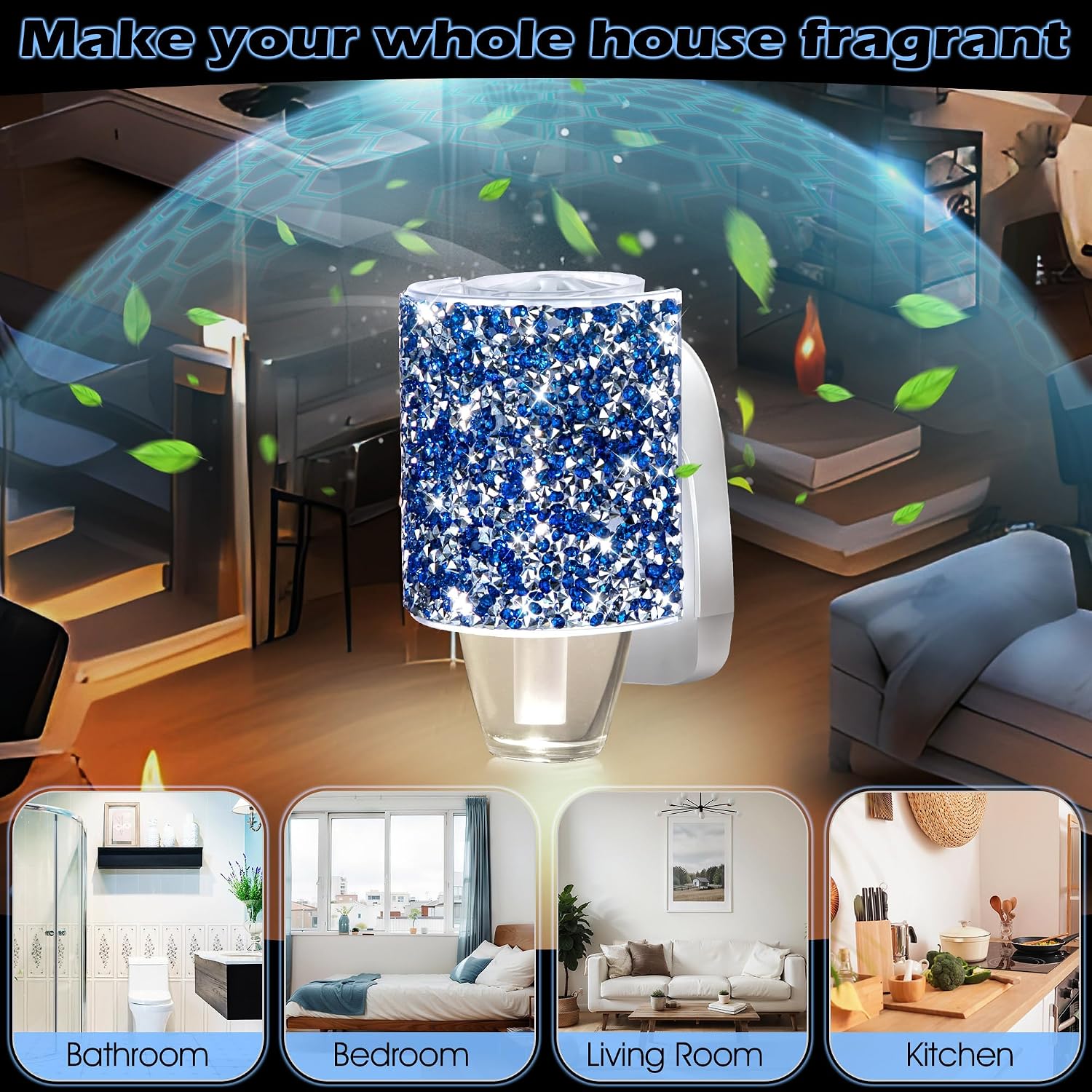 Hohean Wall Fragrance Plug in with Night Light, Compatible with Bath & Body Works WallFlower Fragrance, Wall Plug Essential Oil Diffuser with Nightlight for Home, Office, Round Rhinestone (Royal Blue)