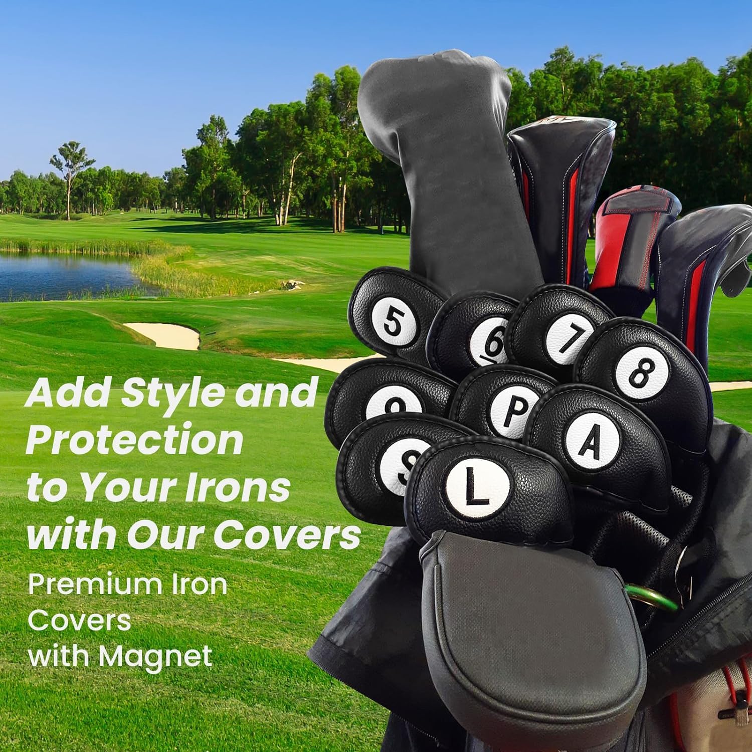 Juego de 11 fundas para cabezas de palos de golf con cierre magnético, fundas de cuero sintético de lujo impresas con doble número, color rojo grueso profesional, para todos los palos de hierro (rojo)