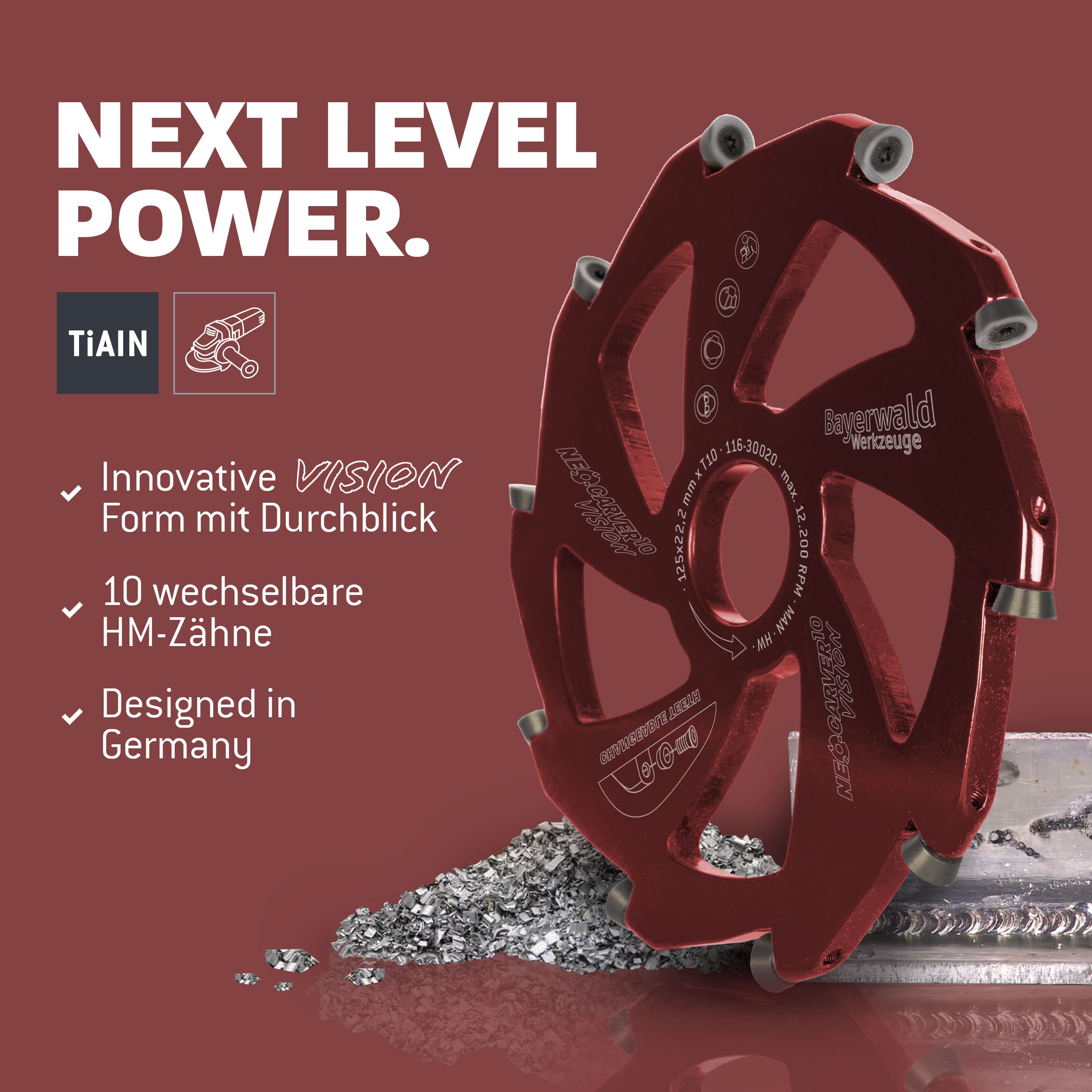 Bayerwald NeoCarver 10 Vision – tarcza frezarska z twardego metalu do aluminium – aluminiowy Carver pasuje do szlifierek kątowych – Ø 125 mm x 22,2 mm / 10 zębów