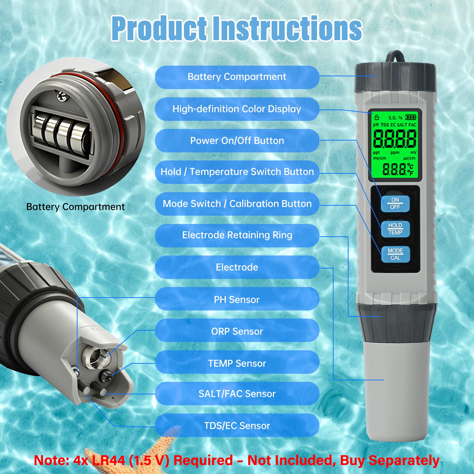 Medidor de Cloro y pH Digital 8 en 1, Tester de pH y Cloro para Piscina, Comprobador de TDS, EC, S.G, Salinidad, ORP y Temperatura con Pantalla Retroiluminada y Compensación Automática