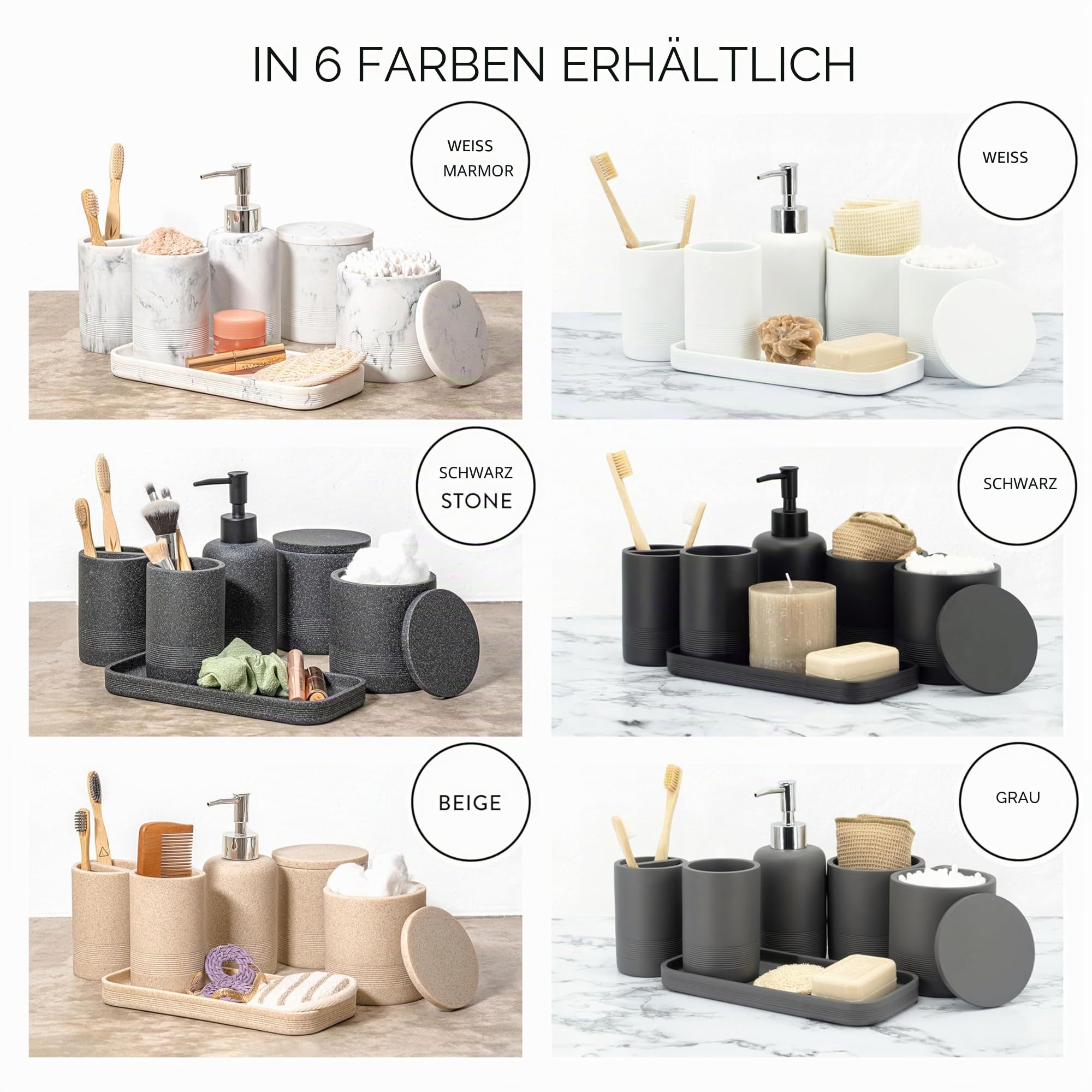ZCCZ Badezimmer Set – 6 Teile – Badezimmer Organizer mit Zahnbürstenhalter, Seifenspender, Seifenschale, für Kosmetik u. Wattestäbchen – Edle Badezimmer Deko in Marmor-Optik, Sandfarben