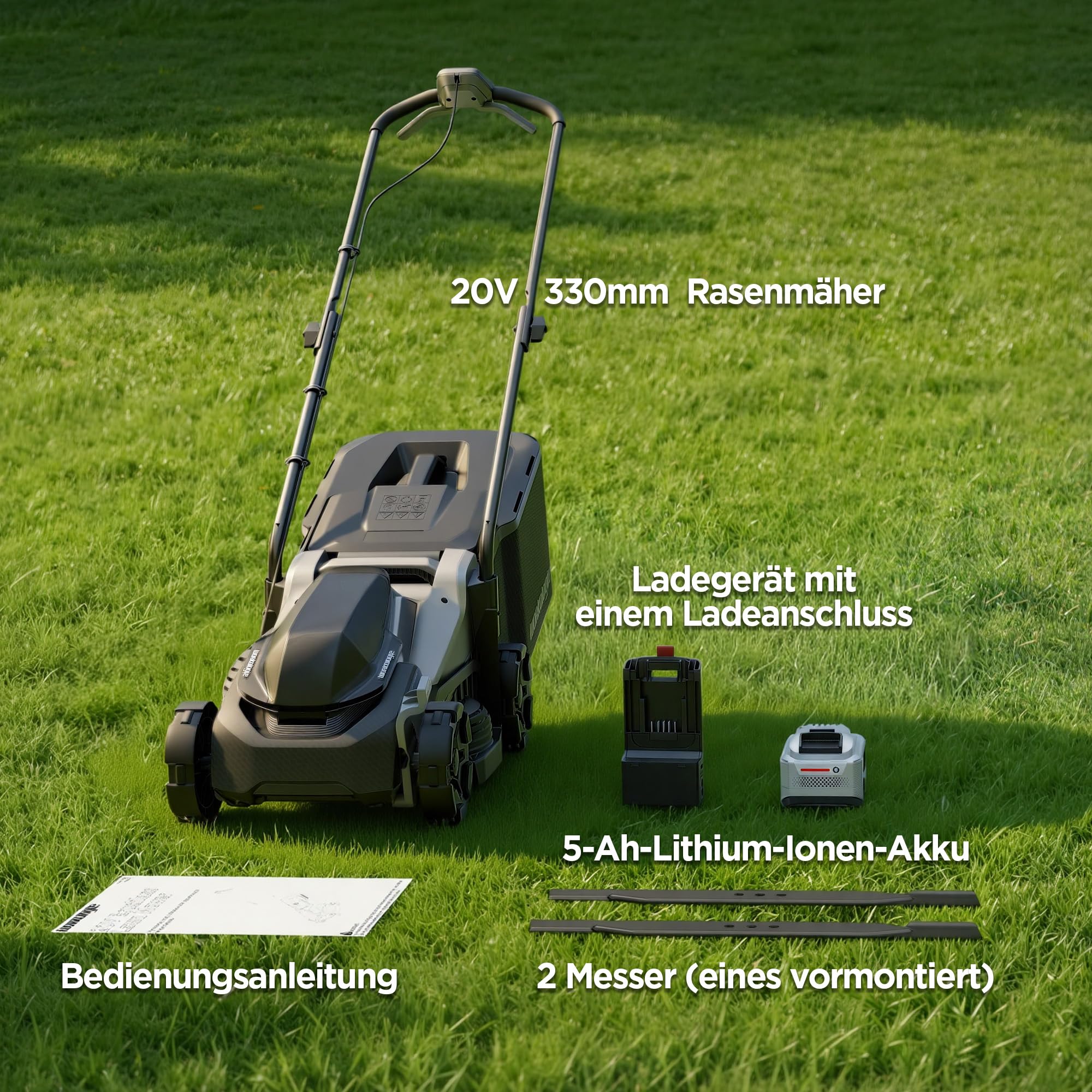 33 cm 20V Bürstenloser Akku-Rasenmäher für kleine Gärten | 20V 5,0Ah Akku & Ladegerät, 5-Stufen Höhenverstellung 25–65mm, 35L Grasfangkorb, Mulchmodus, 1 Ersatzklinge