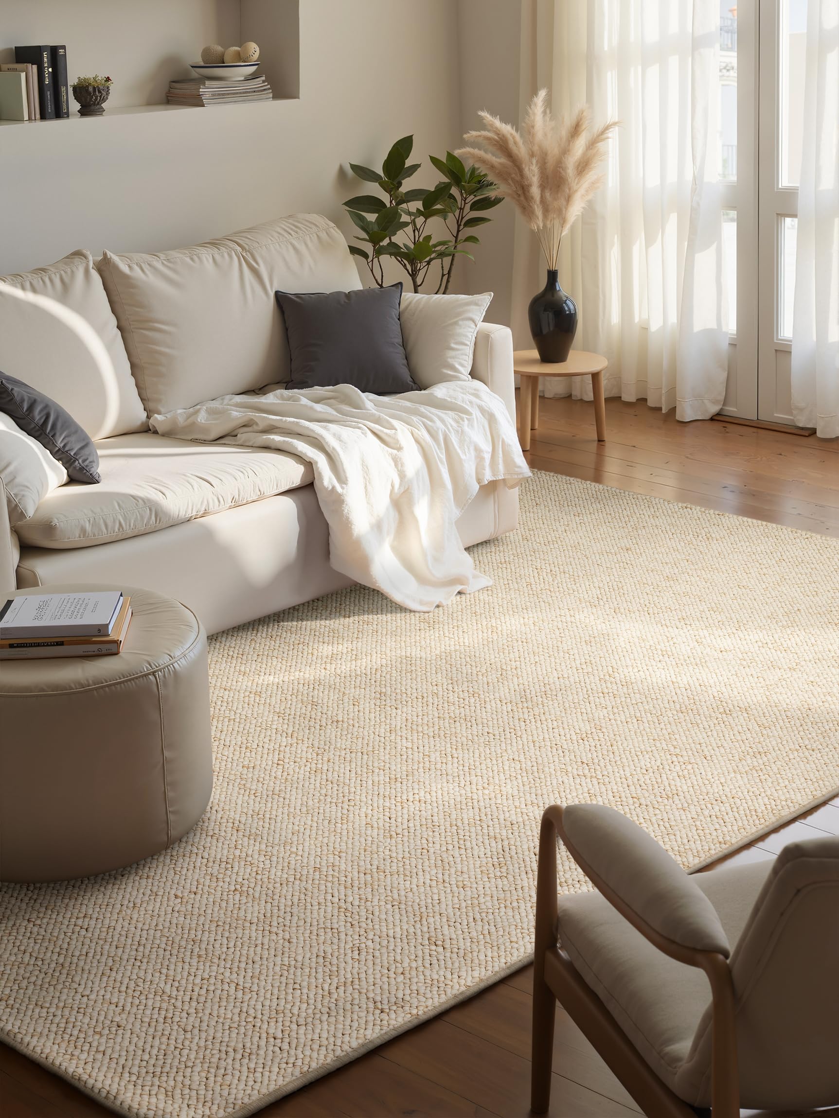 Tapis de salon crème 140x200 cm Wolly en tissu plat aspect laine