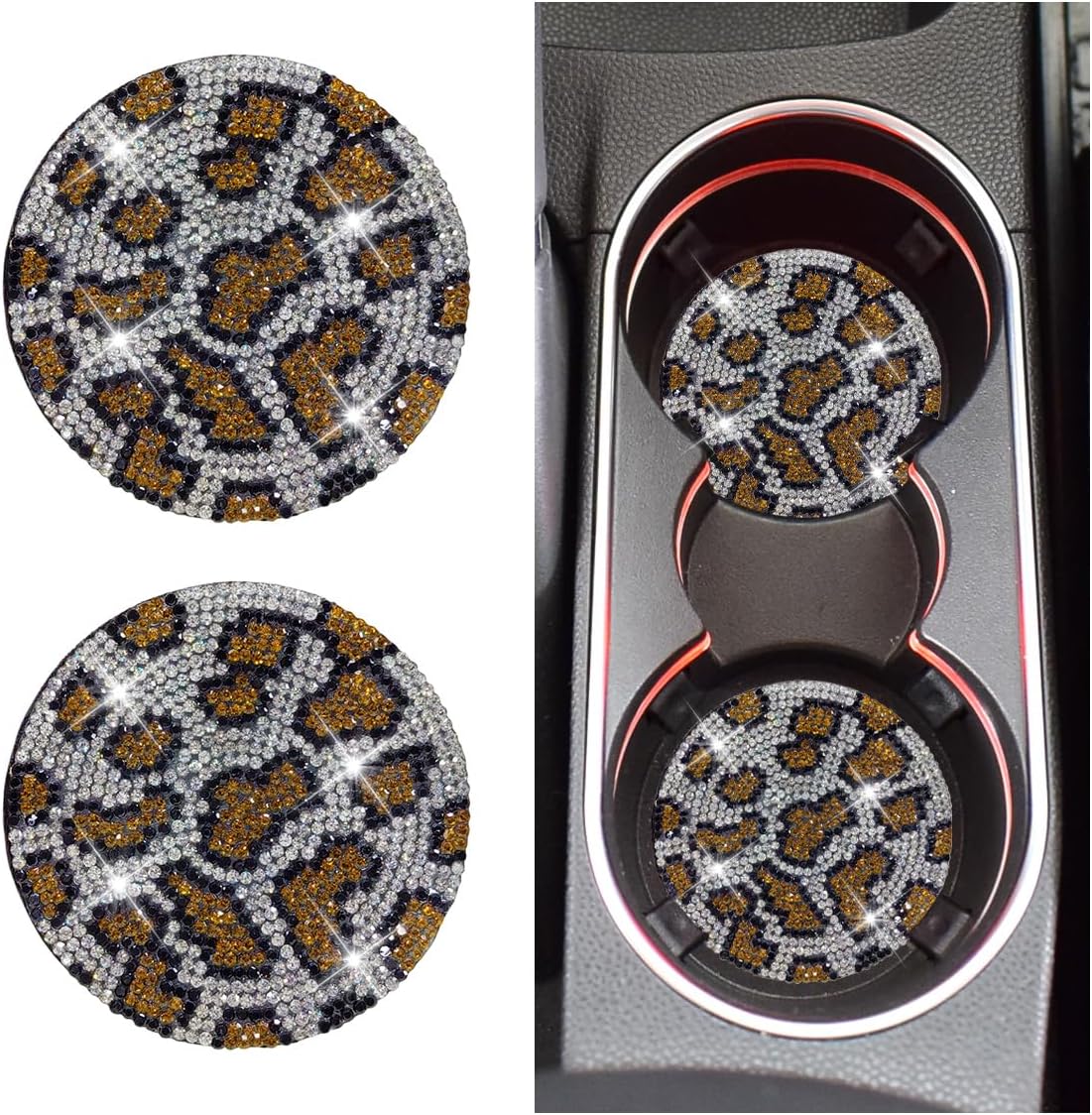 2PCS Bling Crown Car Cup Holder Coasters, 2.79 Inch Silicone Non-Slip Insert Coaster, Crystal Rhinestone Car Coasters, Shockproof Drink Mat Auto Interior Accessories for Vehicles, Trucks, RVs (Brown)