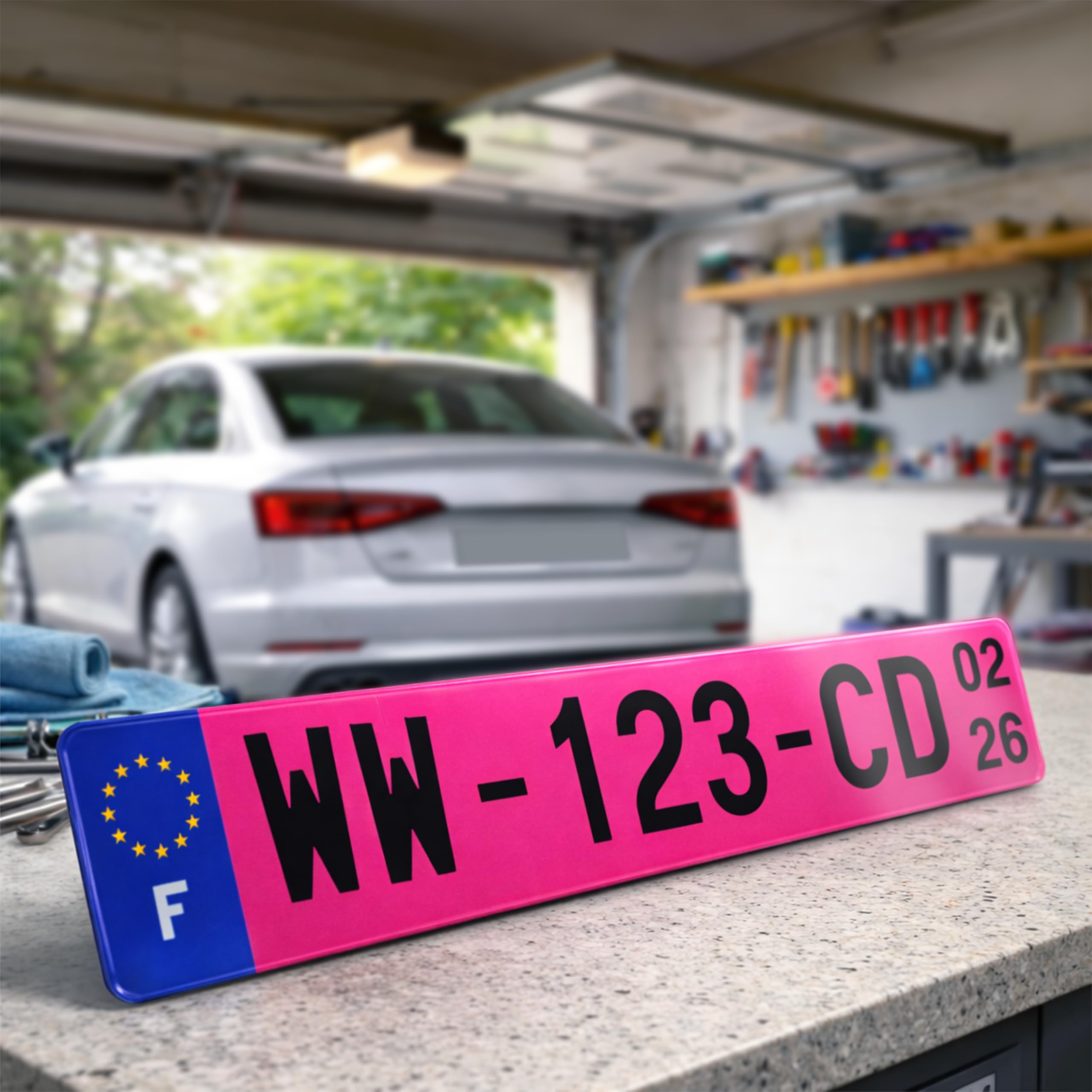 2 Plaques d'immatriculation Rose WW Voiture homologuée Extra Choc - SIV 52x11cm - Made in France - Plexi résistant aux intempéries et Anti UV pour Auto.