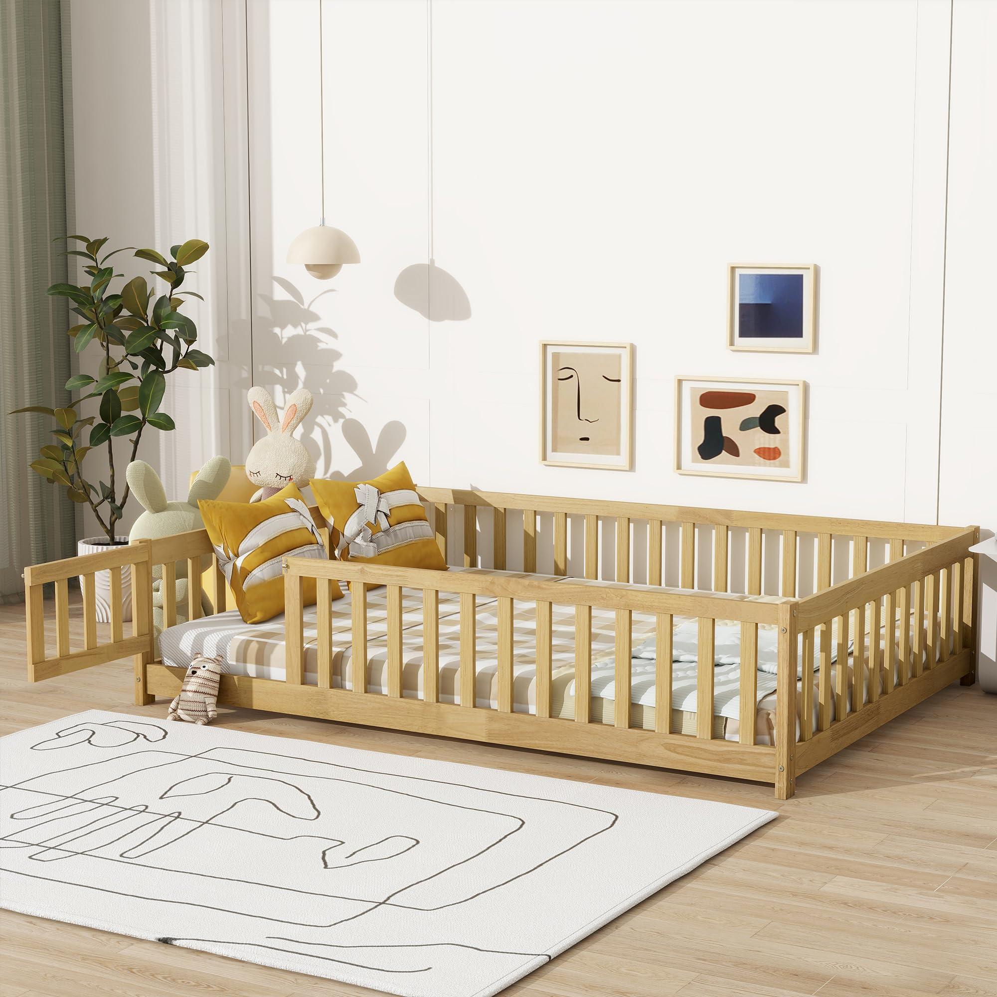Bellemave Full Size Floor Bed with Slats and Fence for Kids, Montessori Floor Bed with Door and Safety Guardrails,Wood Full Size Floor Bed Frame, Montessori Bed Full Size for Girls Boys,Natural