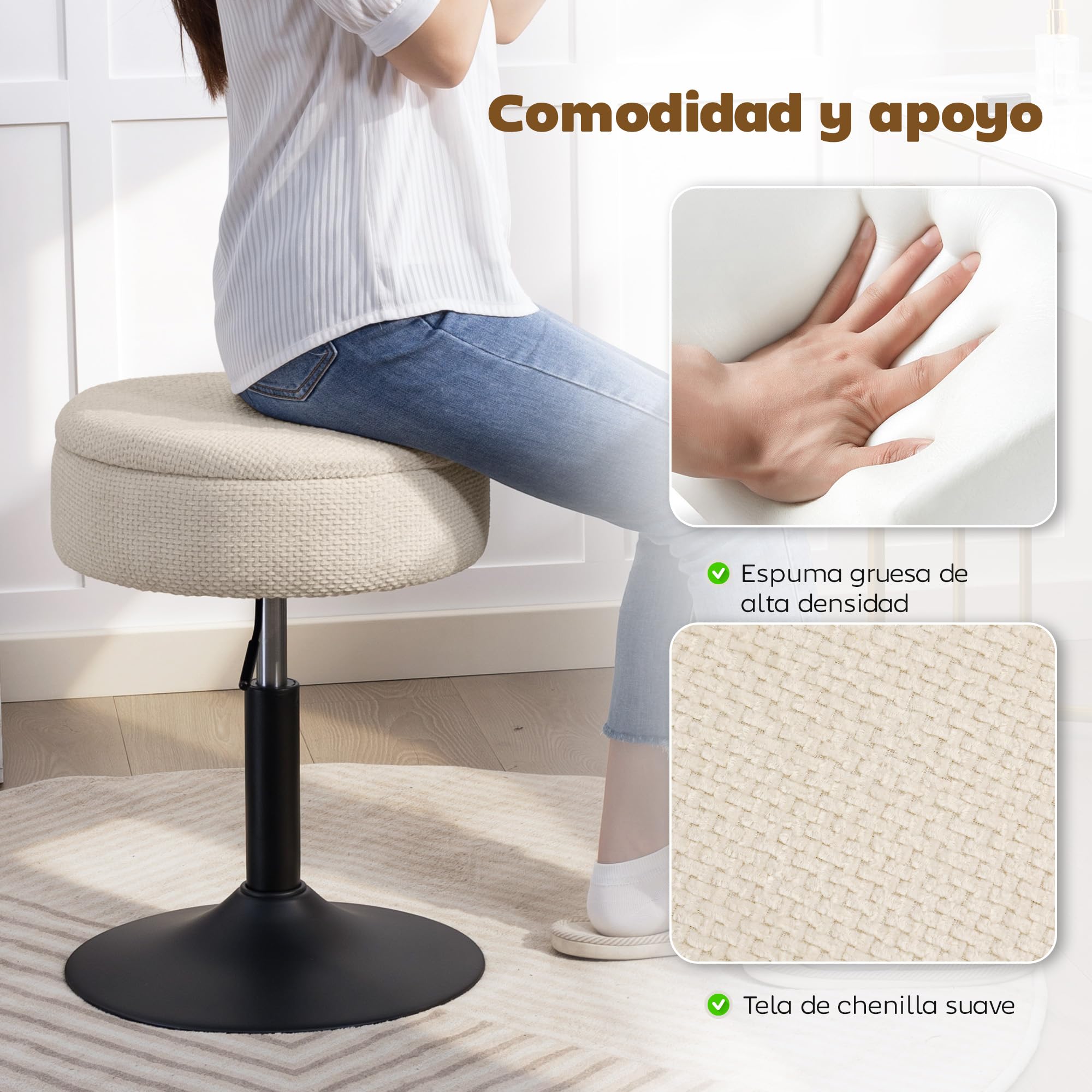 HOMCOM Taburete de Bar con Almacenaje, Altura Ajustable, Taburete de Cocina Redondo, Giratorio, Tapizado en Chenilla, Base de Acero, Diseño Botones, Acolchado, para Salón, Comedor, Oficina, Beige