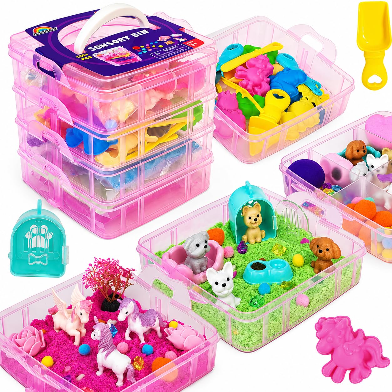 Stackable Sensory Bin, Unicorn & Pet Sensory Sand Play Set | Unicorn and pet sand box with play sand, sensory toys for toddlers boys and girls, gift for girls ages 3-8