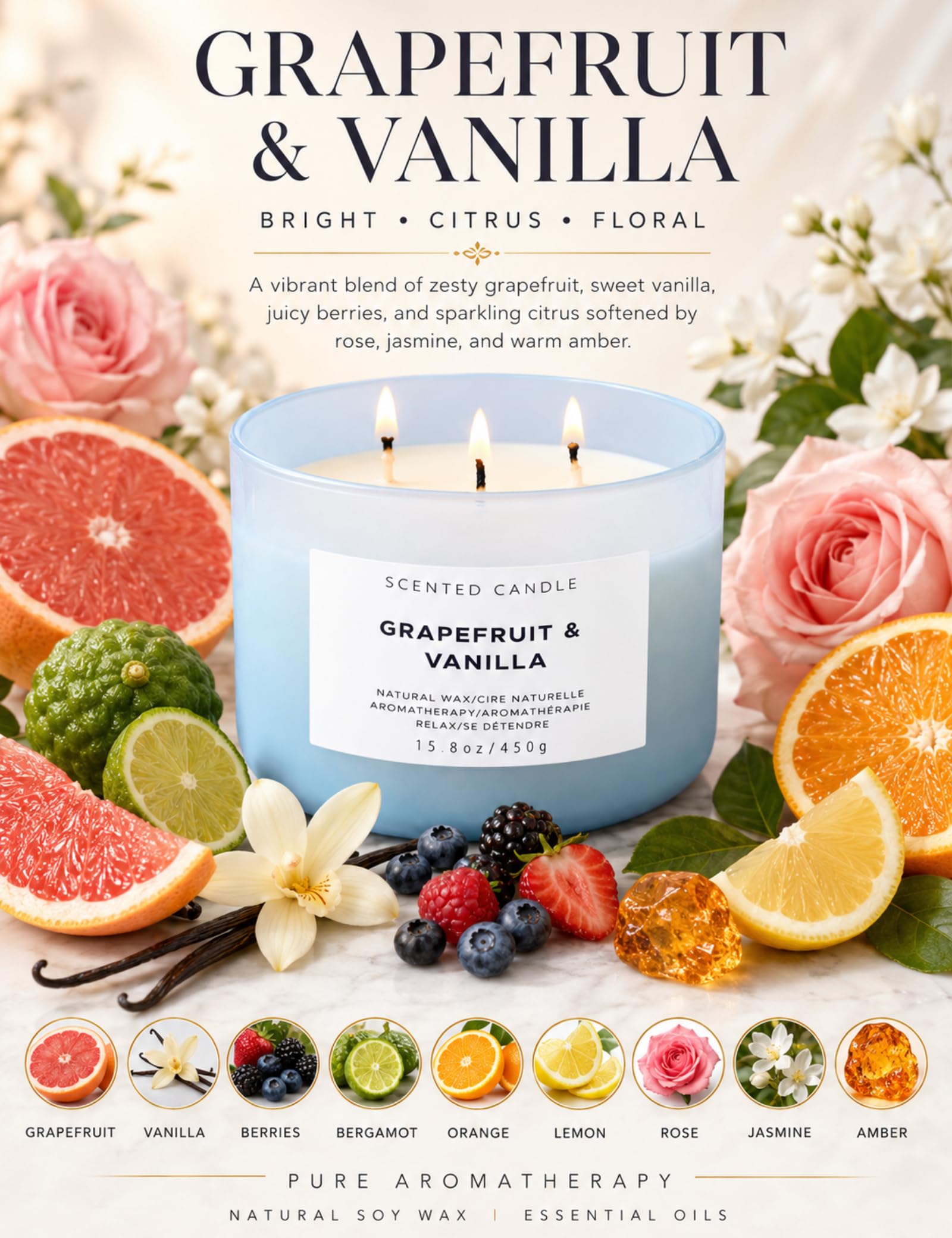 Grapefruit Vanille 3 Dochte Duftkerzen Winterdüfte – Natürliche Soja-Kerzen für Zuhause – Beruhigende Aromatherapie-Kerze Geschenk für Frauen und Männer – 450 ml große entspannende Kerze, stark