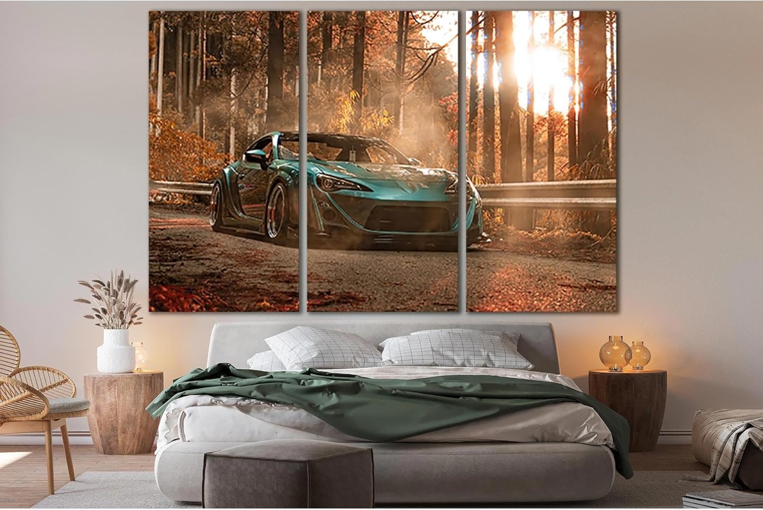 ZELLART Sports Car On The Road In The Forest №SL1446 Ready to Hang Canvas Print 3 Panel / 45"x30" | 115x75 cm